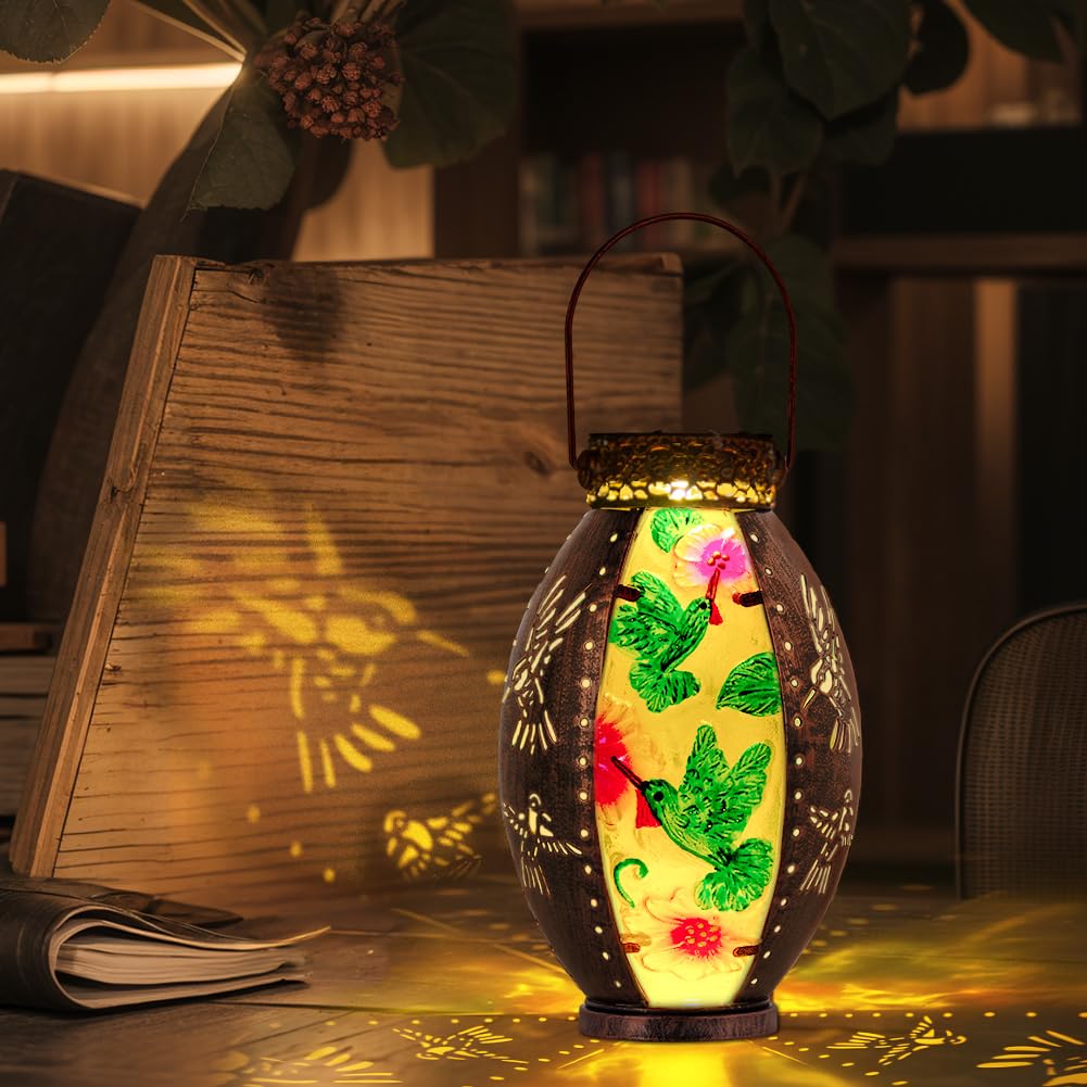 Starsoul Hummingbird Solar Lantern - Waterproof Stained Glass & Metal Outdoor Decorative Lights for Patio, Garden, and Pathway