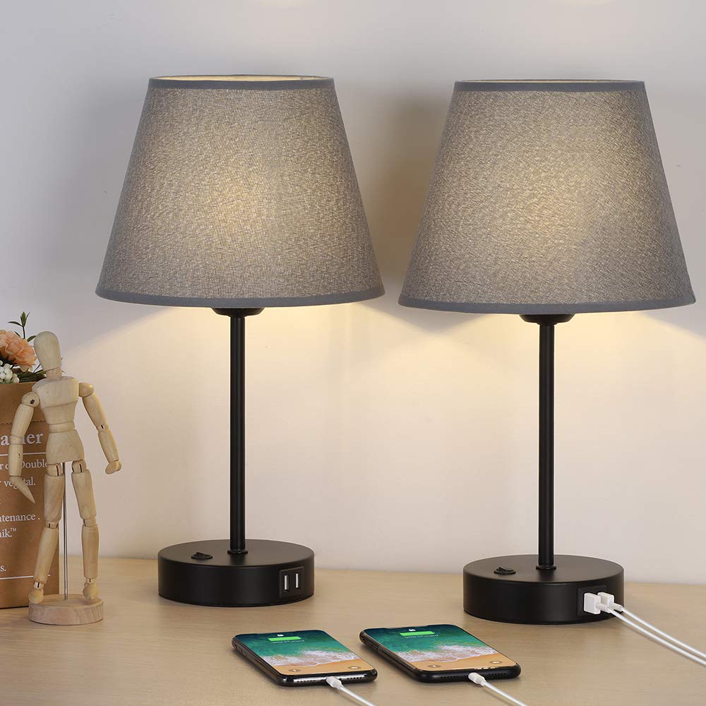 JS NOVA JUNS Bedside Lamps Set of 2 with USB Charging Ports, White Fabric Shade, Black Metal Base, Model JS33