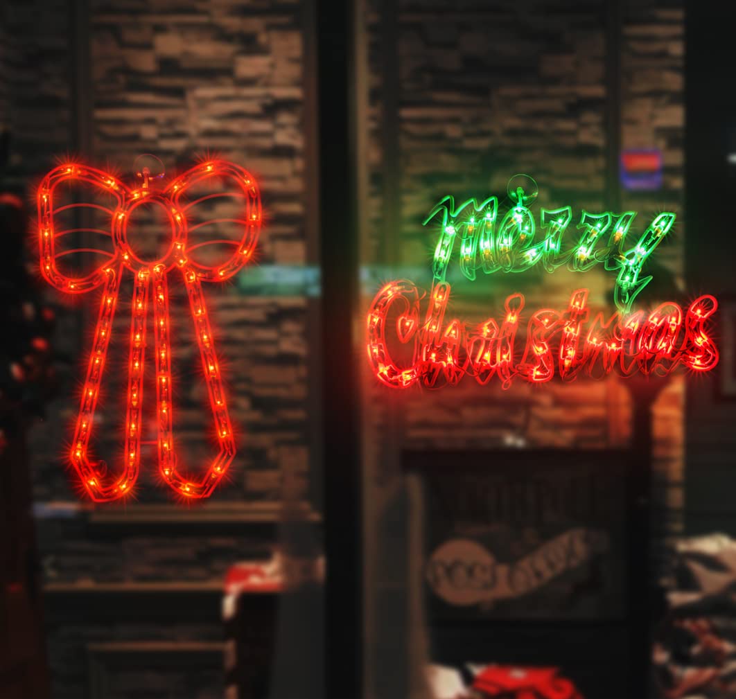 Justpro 2 Pack Christmas Window Silhouette Lights Decorations, Lighted Merry Christmas Sign And Bow Christmas Window Lights For Holiday Indoor Wall Door Glass Decorations