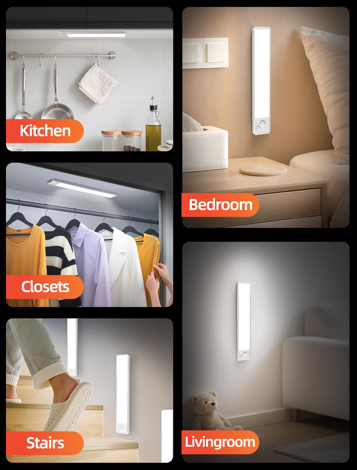 Under Cabinet Motion Sensor Lighting: 10 Inch Dimmable Rechargeable Lights Indoor - Battery Operated Lights - Undercabinet Closet Light Magnetic Led Light For Kitchen Home Bathroom Counter 5 Pack