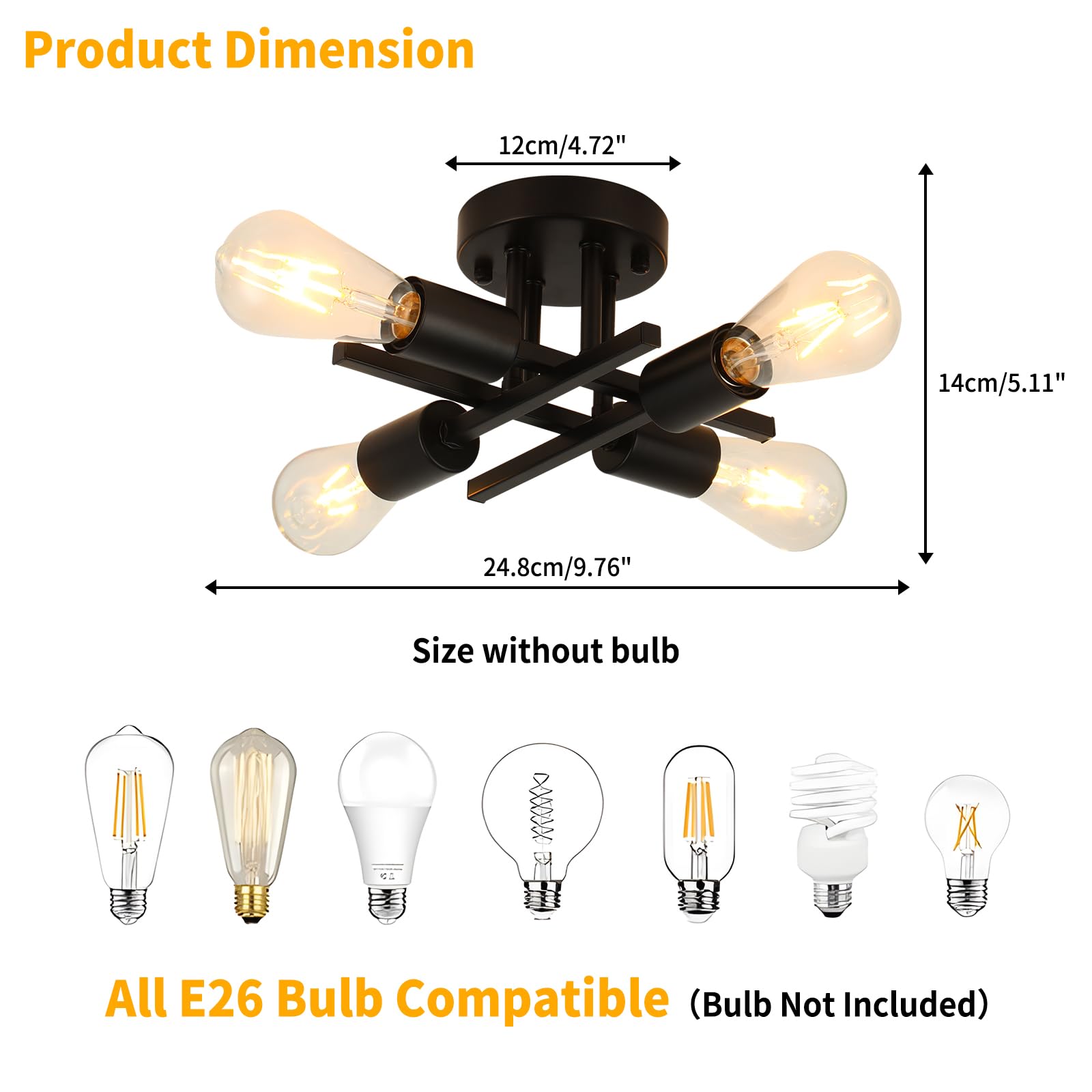 Wilon Semi Flush Mount Ceiling Light Fixture, 4-Light Industrial Black Ceiling Light, Modern Sputnik Chandelier Small Ceiling La
