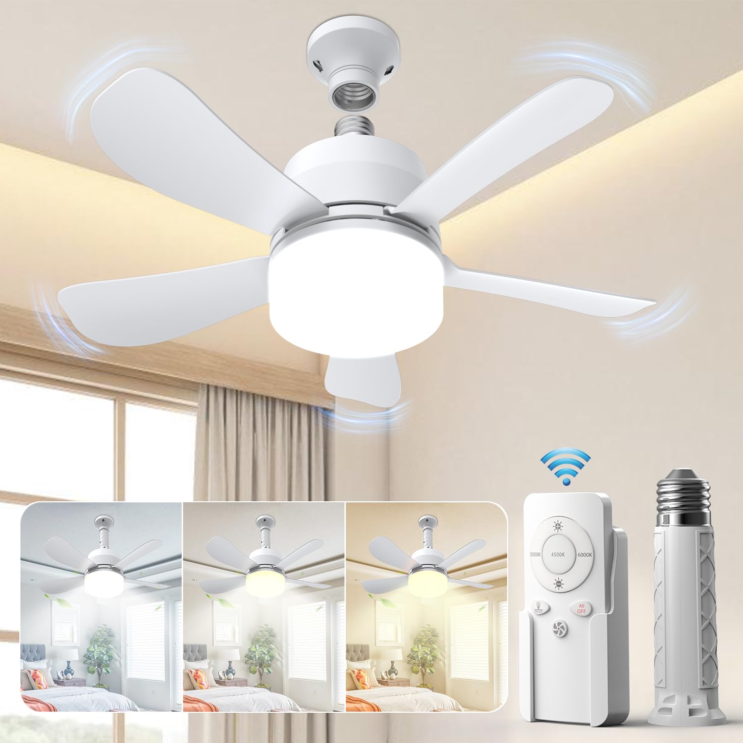 Eonini 2-In-1 Socket Fan Light With Remote, Small Ceiling Fans With Lights, 3 Colors Dimmable Led Light Bulb Fan, 1000Lm, Easy I