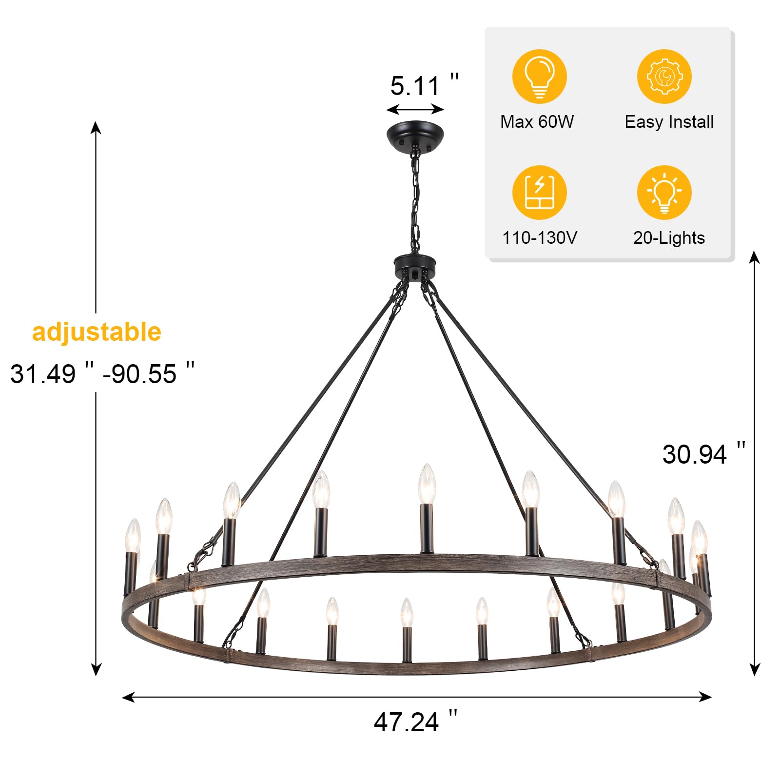 Zjvaive Wagon Wheel Chandelier 20-Light 48'' Round Rustic Farmhouse Chandelier Light Fixture For High Ceiling Foyer Hallway Livi