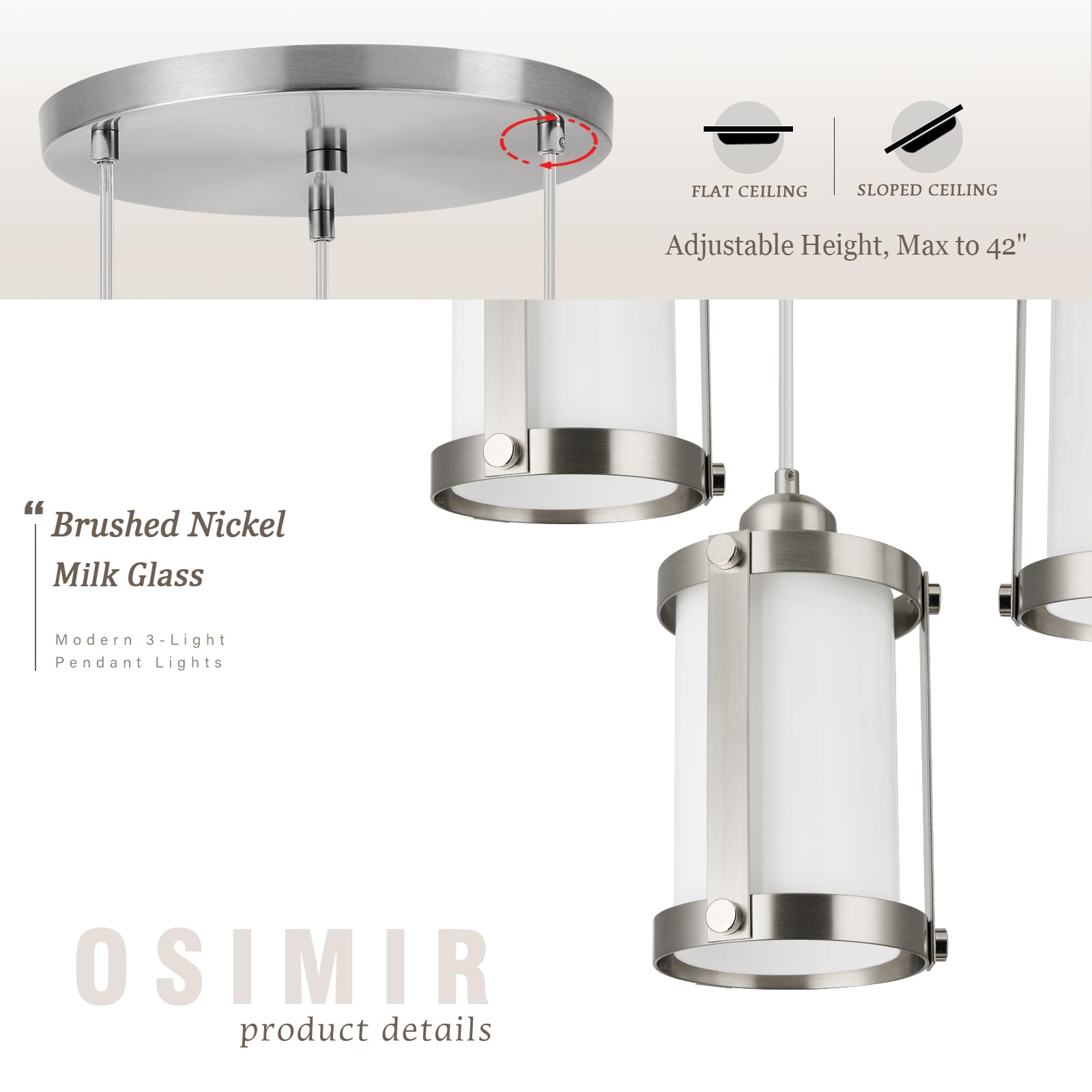 Osimir 3-Light Pendant Lighting, Brushed Nickel Dining Room Chandelier Light Fixture Over Table With Milk Glass, Modern Cluster