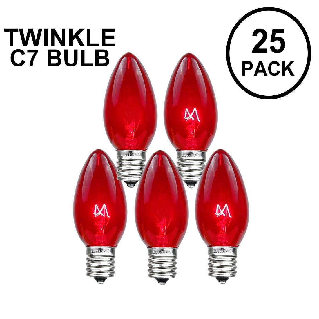 Novelty Lights C7 Twinkle Replacement Bulbs - 5 Watt, Glass, Red, 25 Pack for Outdoor Events and Holiday Parties