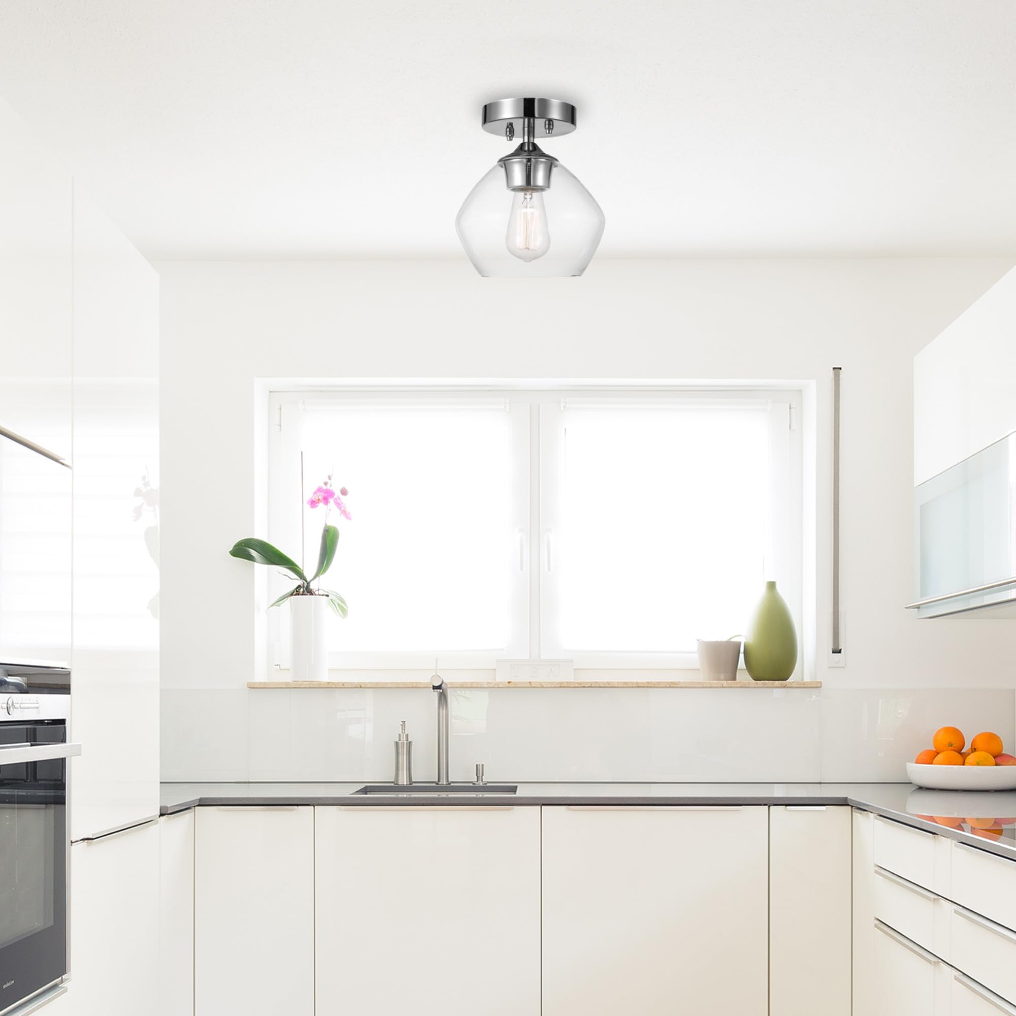 GLOBE Electric Harling 1-Light Semi-Flush Mount Ceiling Light, Matte Black, Clear Glass Shade, Diamond Knurl Texture on Socket,