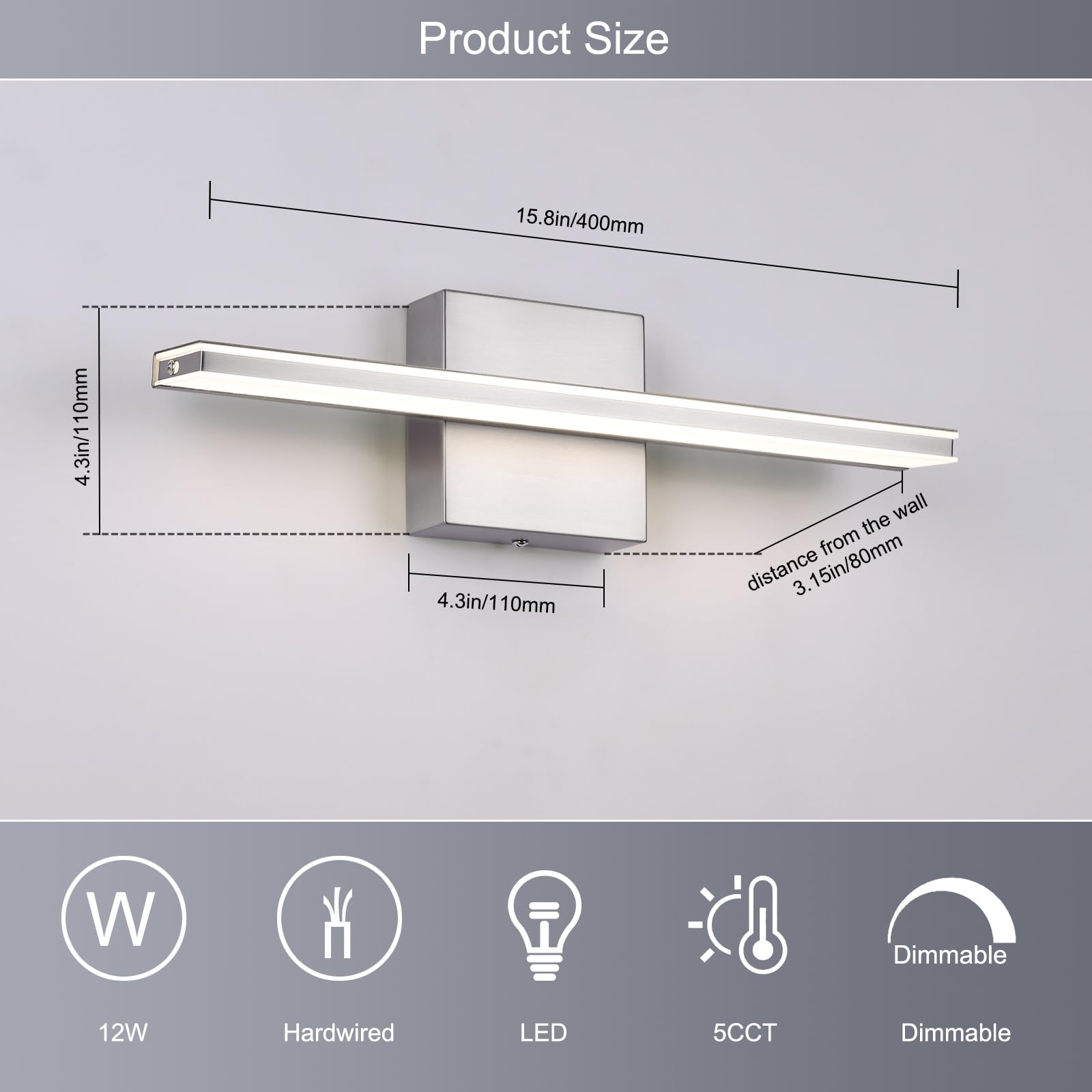 BRIVOLART LED Vanity Light Bar 5CCT Dimmable 12W 15.7 Inch Brushed Nickel Model 6420
