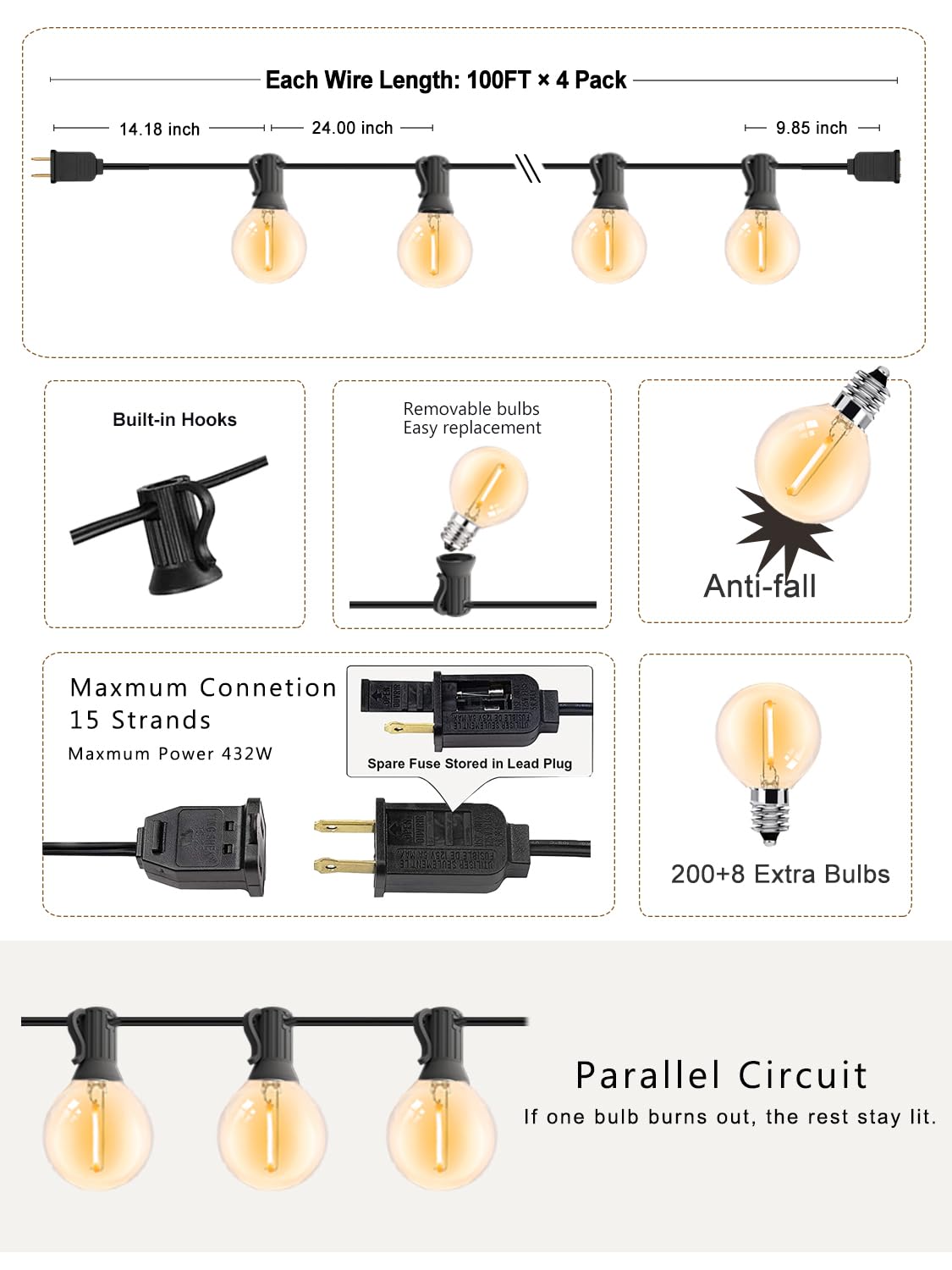 Damaing Outdoor String Lights 400Ft Patio Lights With 208 Shatterproof G40 Dimmable Globe Led Bulb, Waterproof Connectable Outdo