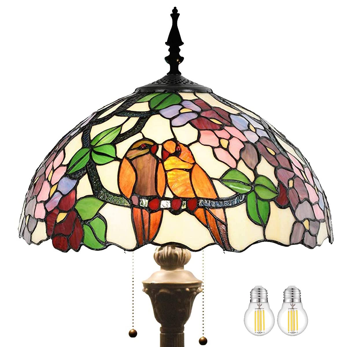 WERFACTORY Tiffany Floor Lamp Double Tropical Birds Stained Glass Standing Reading Light 16X16X64 Inches Antique Pole Corner Lam