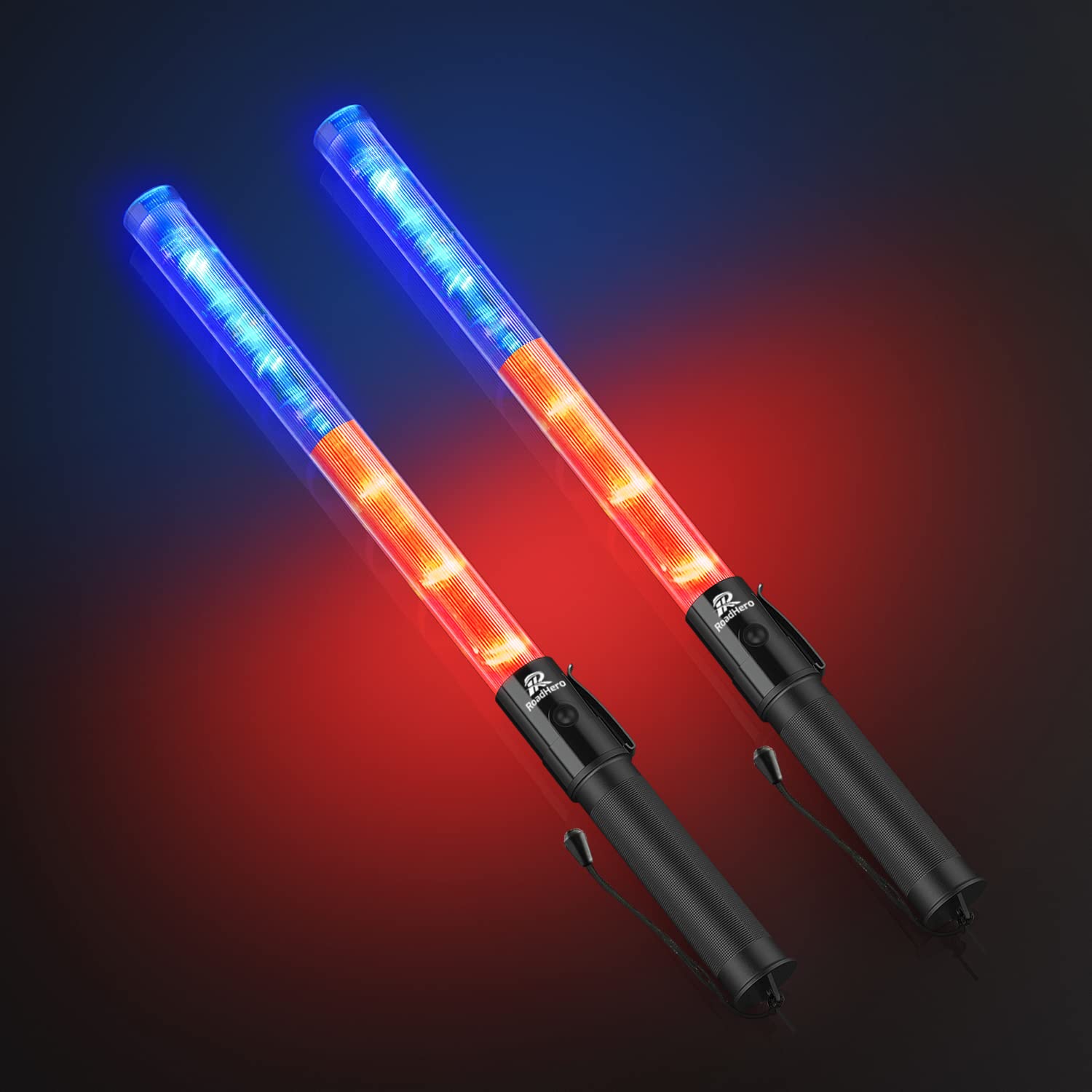 Roadhero 2 Pack 21Inch Traffic Wand, Red & Blue Led Traffic Control Baton, Safety Light Wands With 3 Flashing Modes, Air Marshaling Signal Wand With Side Clip For Airport, Parking, Car Directing