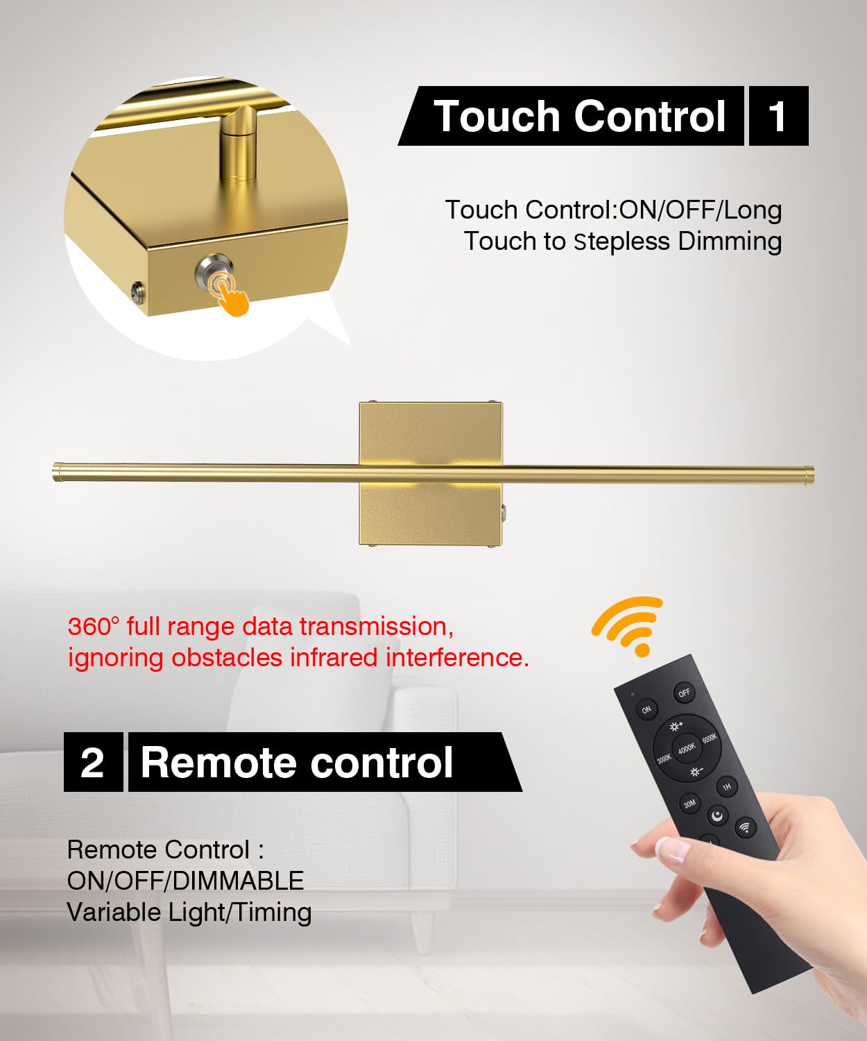 CASGAL Wall Sconce Set of Two, Battery Operated, 3000K-6500K LED, 26.6 Inch, Gold, Model 1179-Gold, 350°