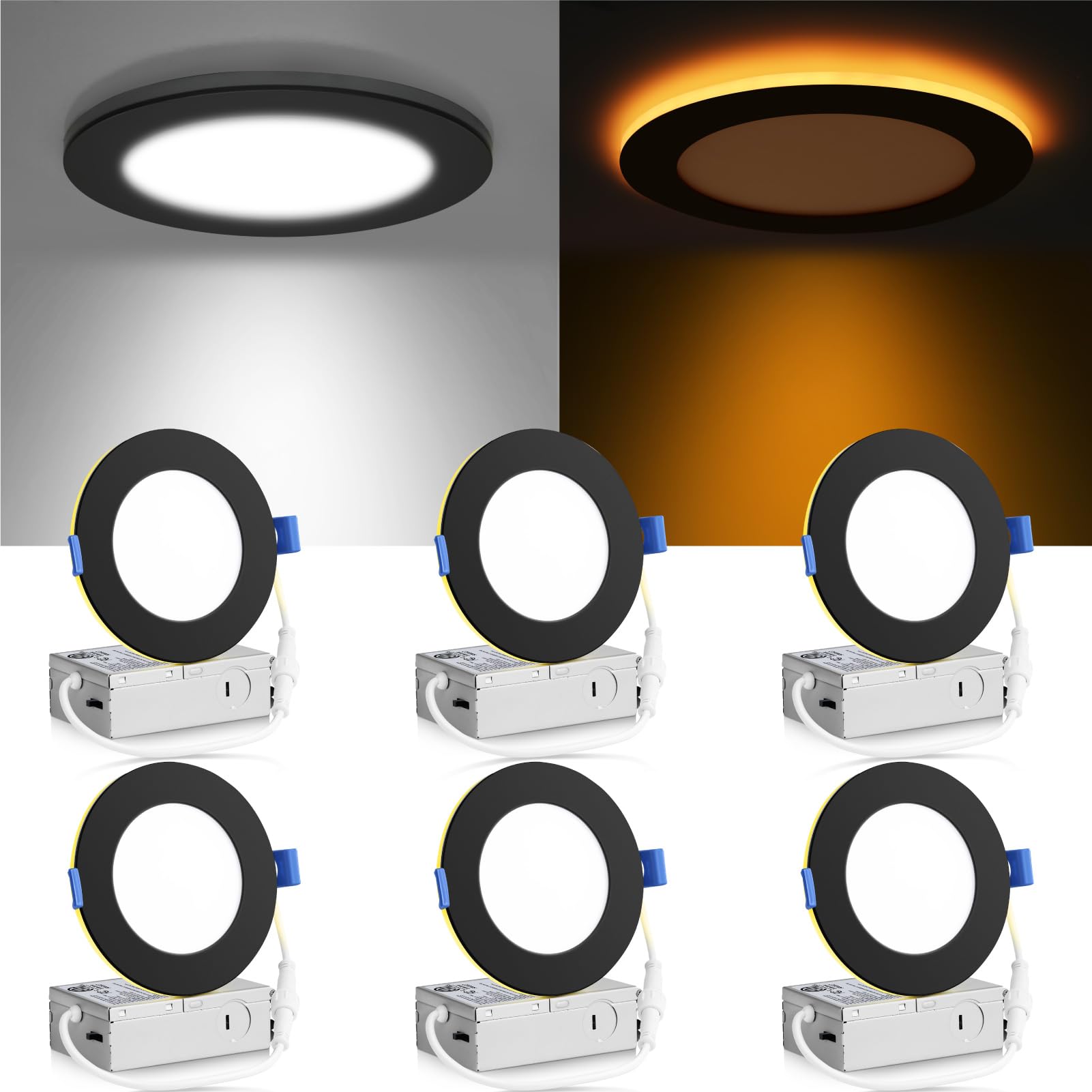 Meconard 6 Pack 4 Inch 5CCT LED Recessed Ceiling Light with Night Light, 2700K/3000K/3500K/4000K/5000K Selectable Ultra-Thin Lig