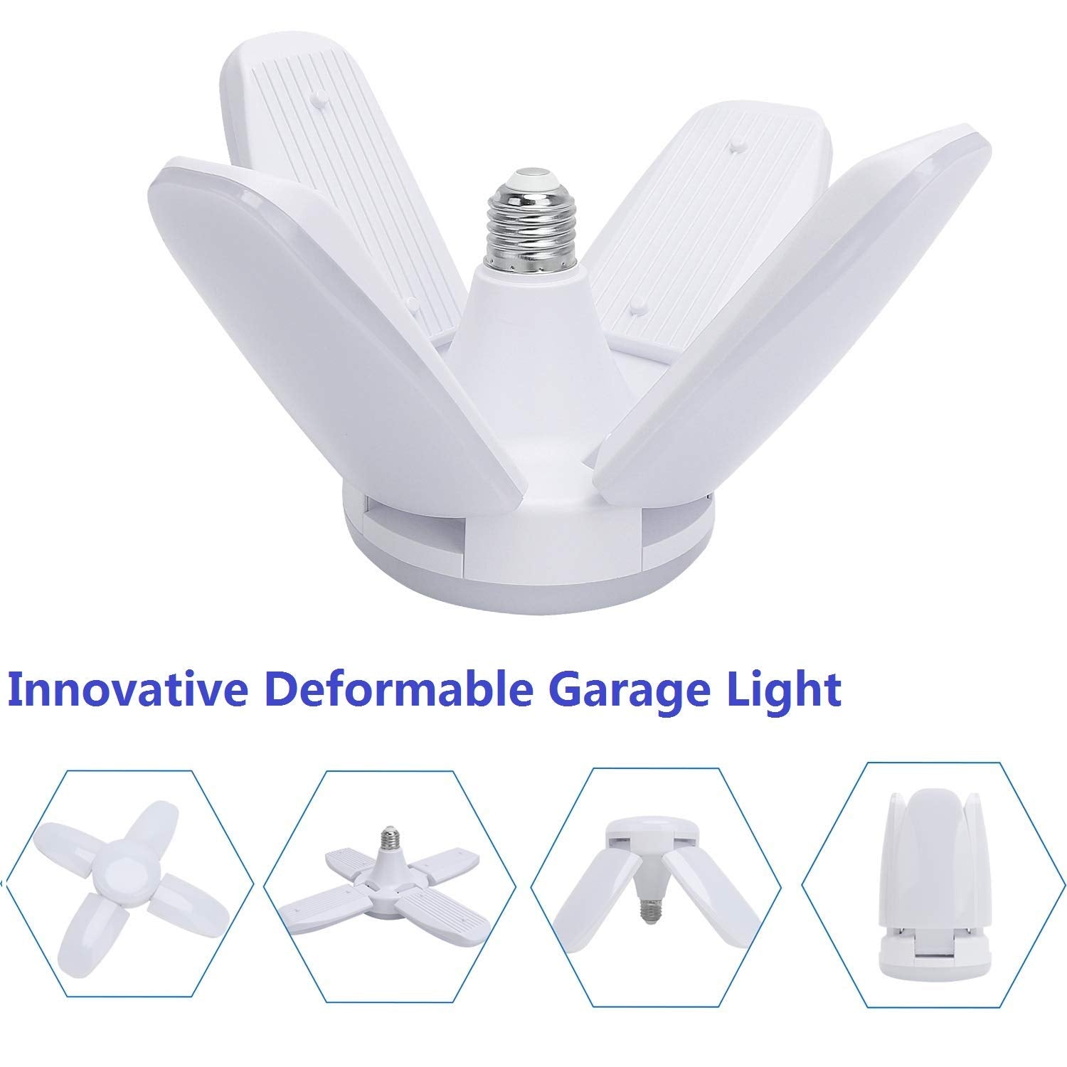 Macgo (8 Packs) Led Garage Lights, 60W Trilights Ceiling, High Low Bay Deformable Adjustable 4 Led Light Bulbs 6000Lm 6000K, Screw In Tribright Garage Lighting Fixture,Cri80 Daylight