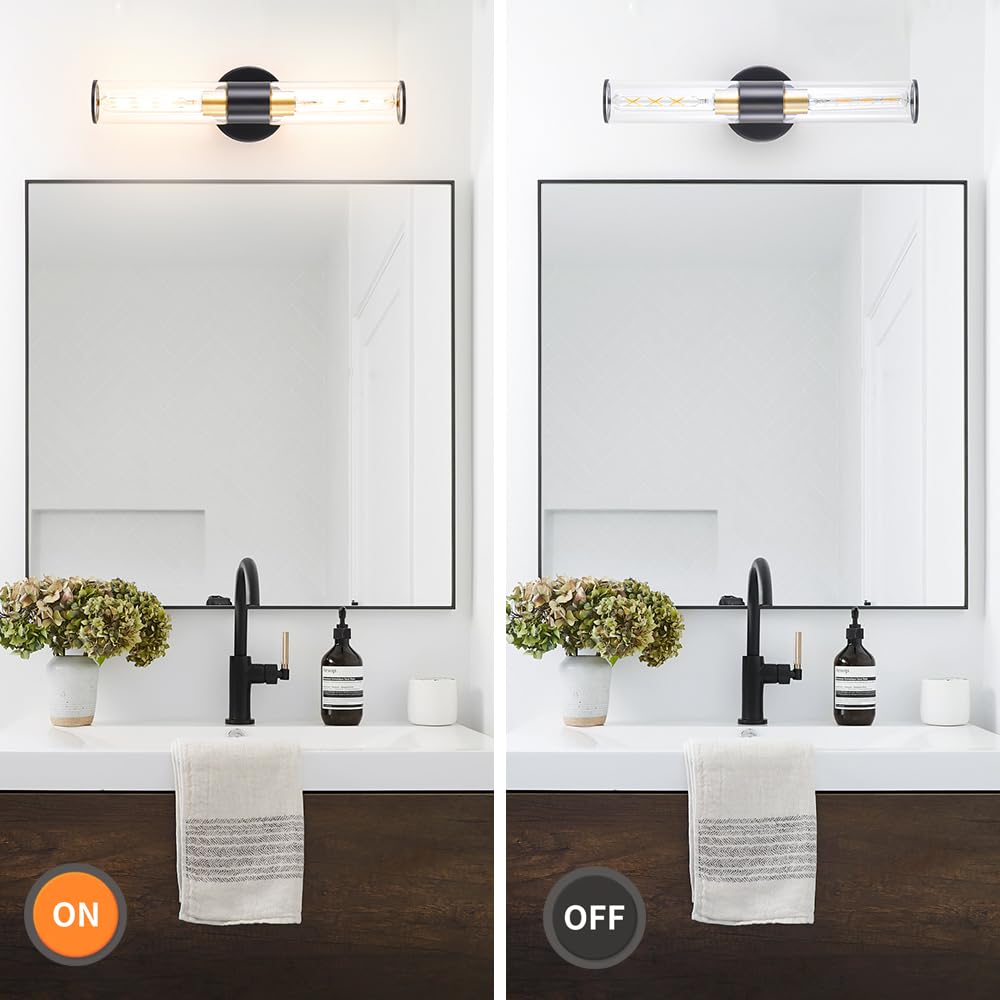 Black And Gold Bathroom Wall Sconces, Hardwired Sconce Wall Decor Set Of 2, Modern Wall Sconce With Clear Glass, Bathroom Sconce