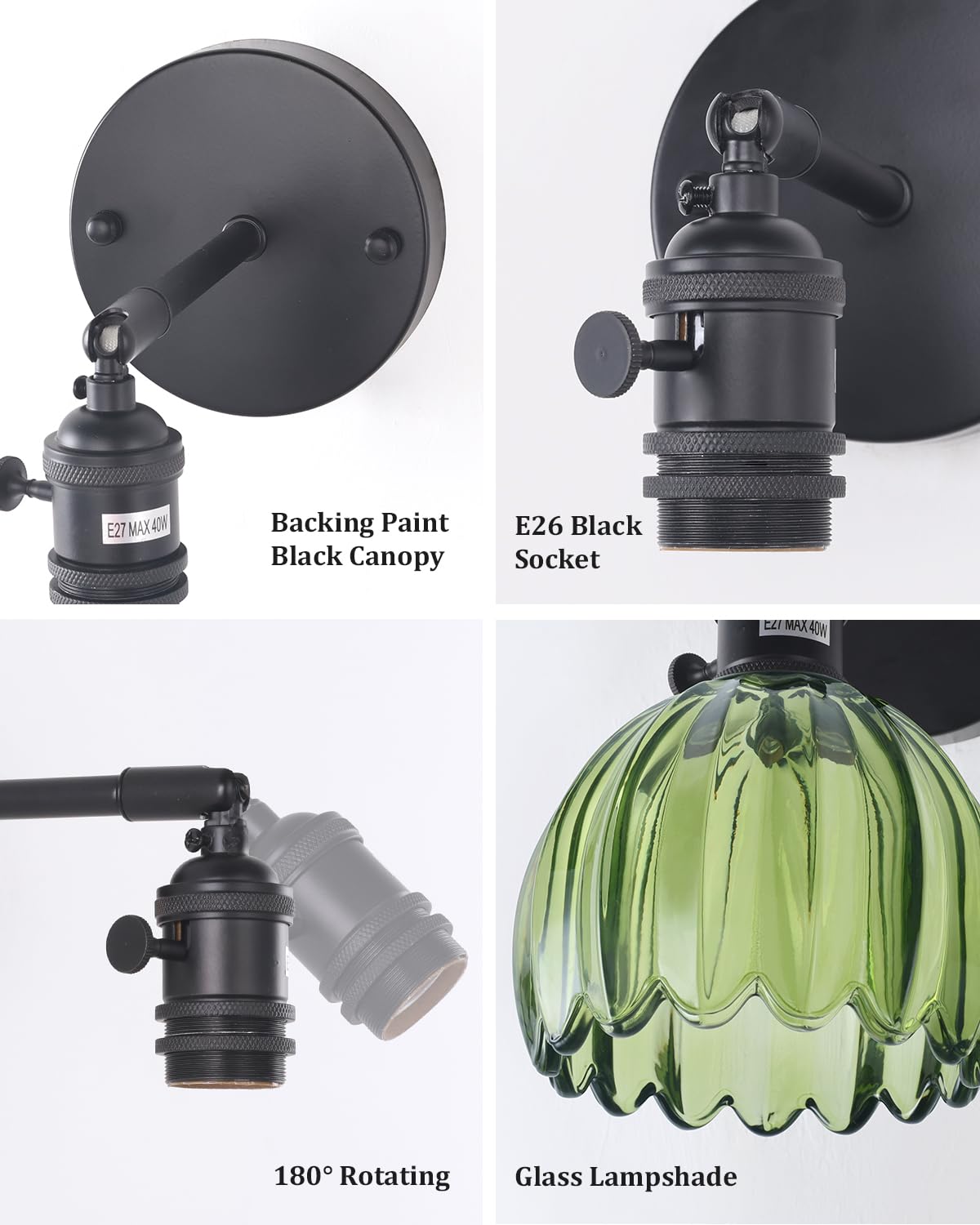 Shenmoyl Vintage Wall Sconce - Battery Operated Black Light with Green Tulip Glass Shade, Remote Control, Model 1-93318