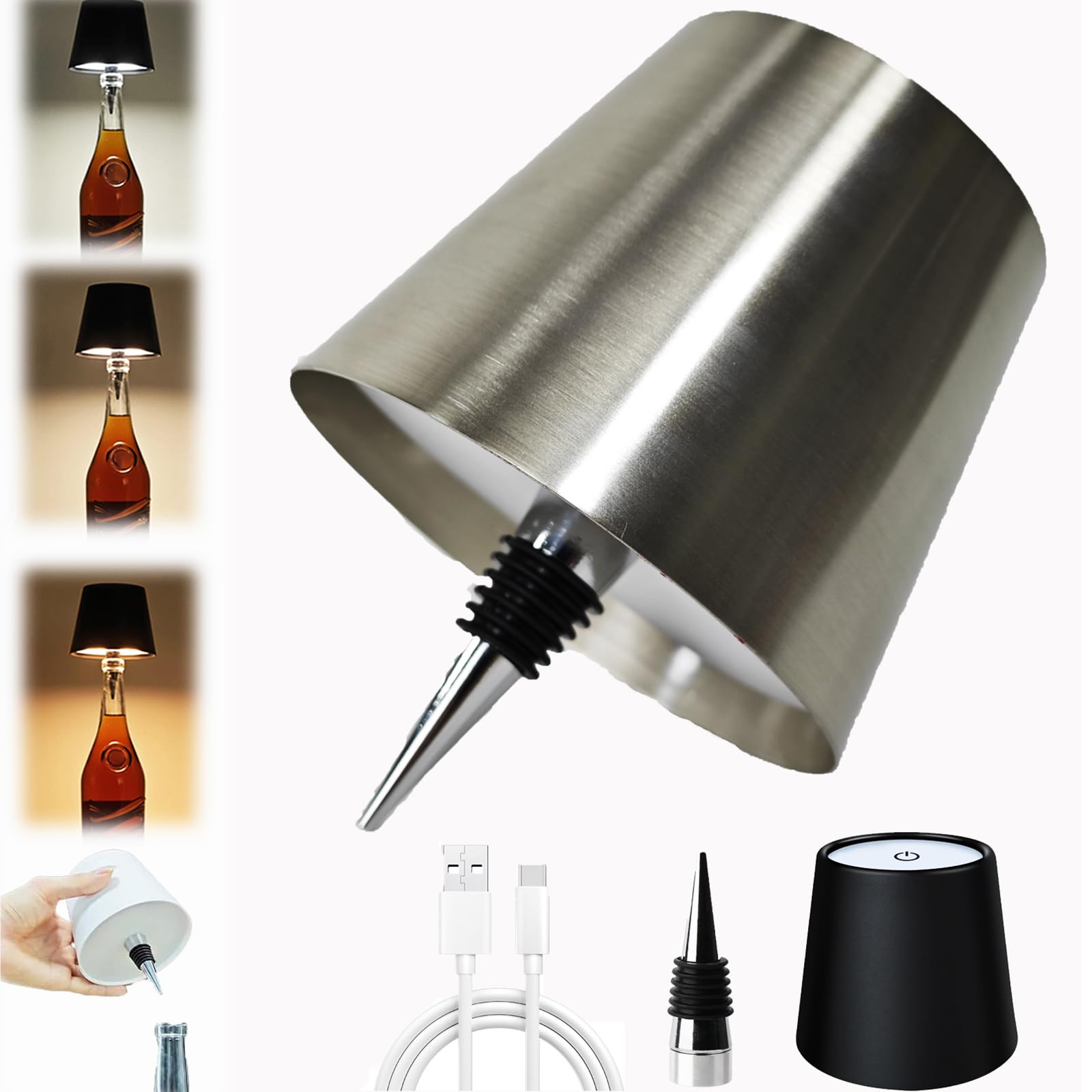 Neioaas Wine Bottle Lamp - 3 Color Dimming, Rechargeable, Waterproof, Touch Control, Silver, 1PC