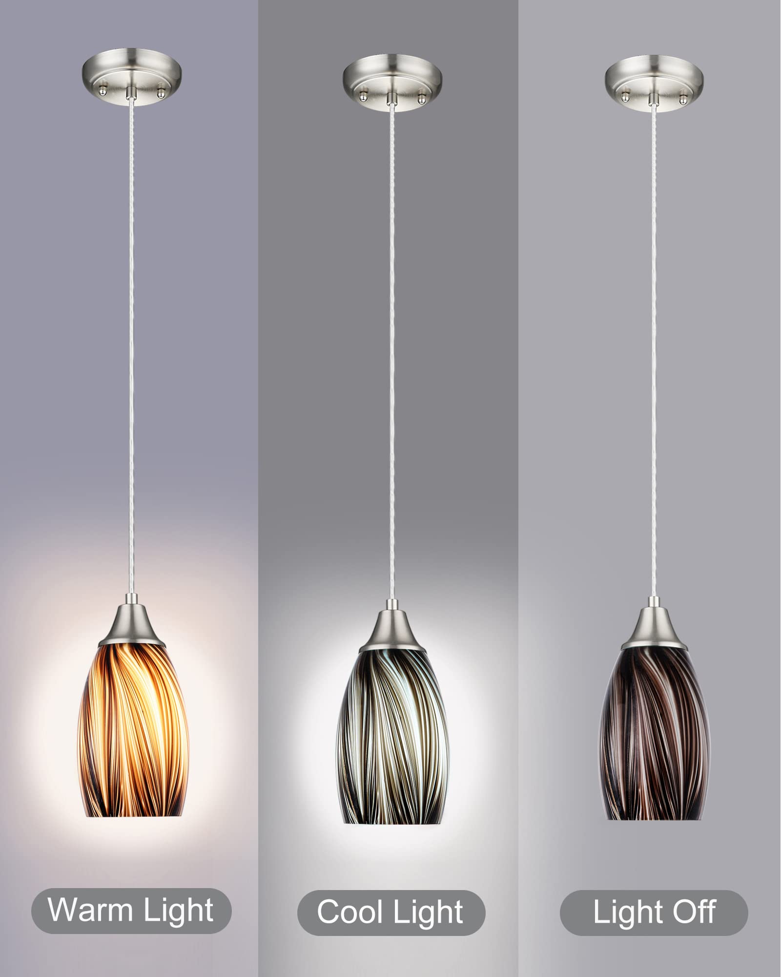 Karyfine Mini Pendant Lights Kitchen Island,Blown Art Glass Pendant Light Fixtures With Brush Nickel Finish Coffee Brown Hanging