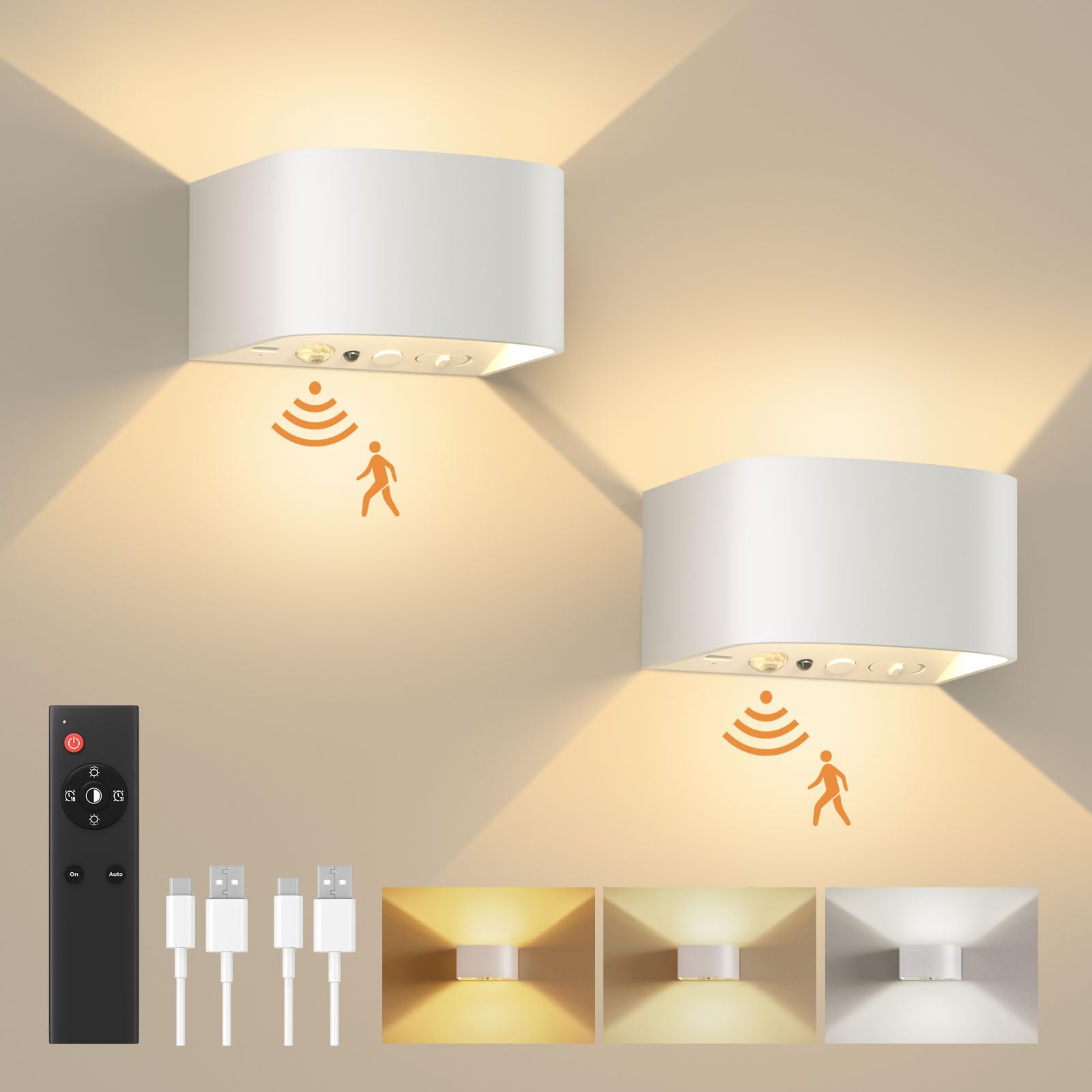 FULEN Motion Sensor Wall Light, LED Indoor Sconce, 5000mAh Battery, Brightness Adjustable, White, 2 Pack, Model WL04