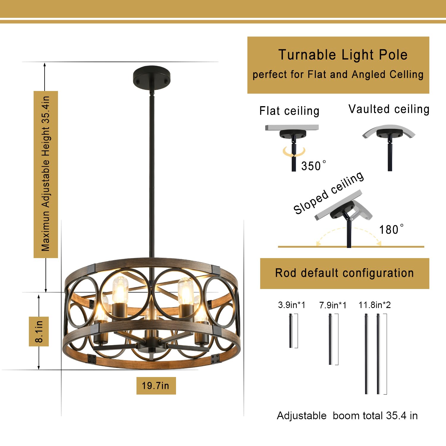 SHIANDAR 5-Light Flush Mount Ceiling Light Fixture, Black Rustic Farmhouse Chandelier, 19.7" Modern Pendant for Kitchen Lighting