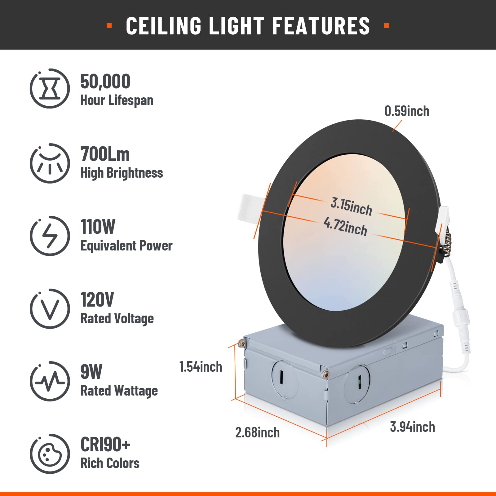 POWERASIA 2 Pack 4 Inch Dimmable Black LED Recessed Lighting, 5CCT, Ultra Thin, ETL & Energy Star Certified