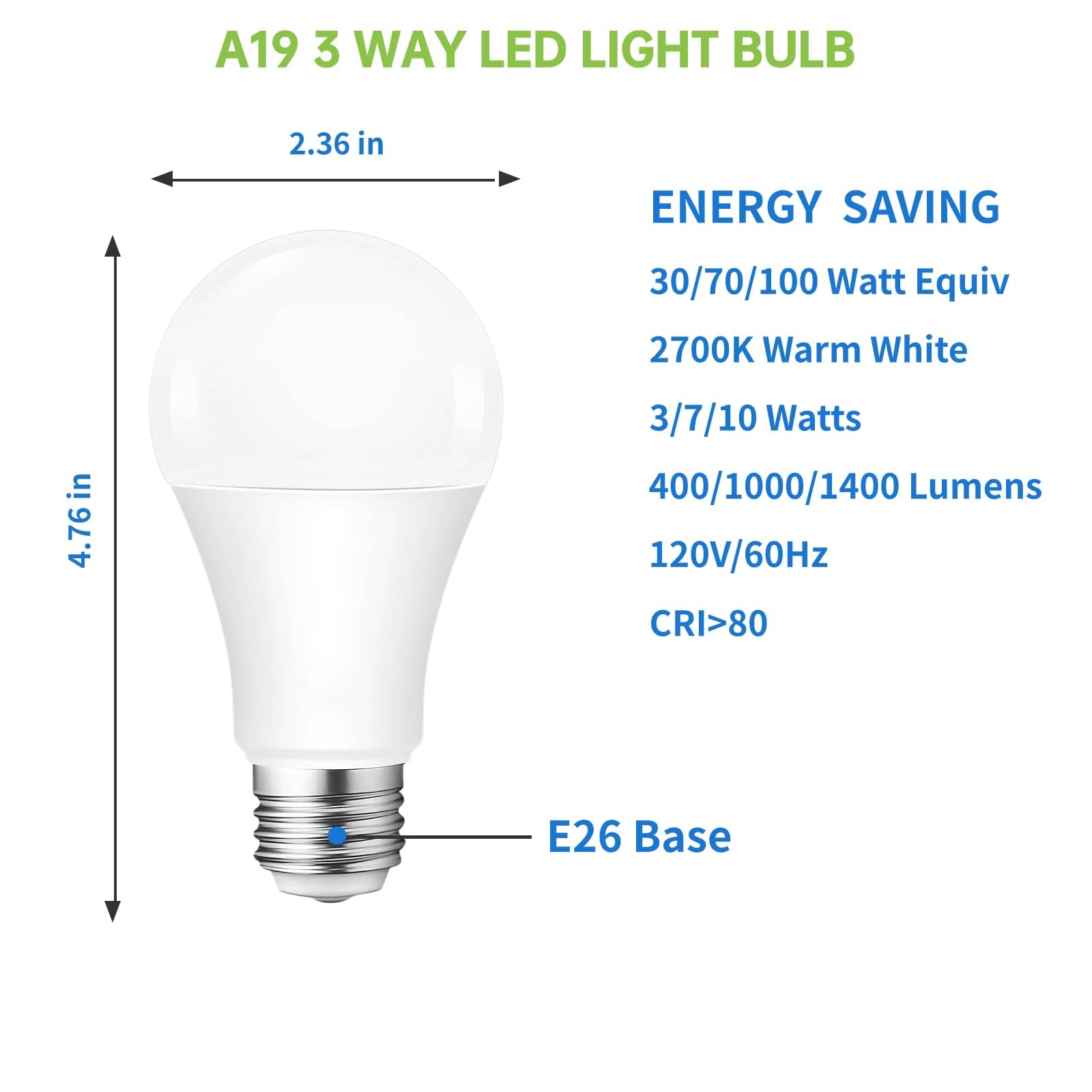 Vvh 3-Way Led Light Bulb 3/7/10W - 30/70/100W Equivalent Warm White 2700K, A19 E26 Base Three Way Light Bulbs For Reading, Table