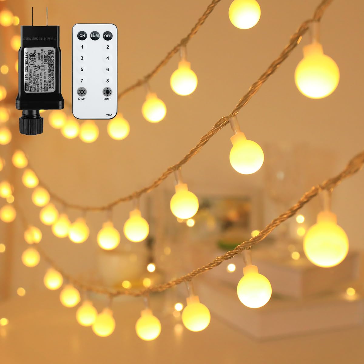 RaThun Globe String Lights, 200 LED, 116 Ft, 8 Modes, Waterproof, Warm White, Model JT-EL/FC300V0200