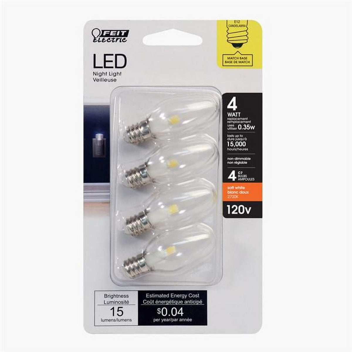 Feit Electric C7 E12 4W Clear Bulb 4-Pack - Copper Base, Energy Efficient Lighting