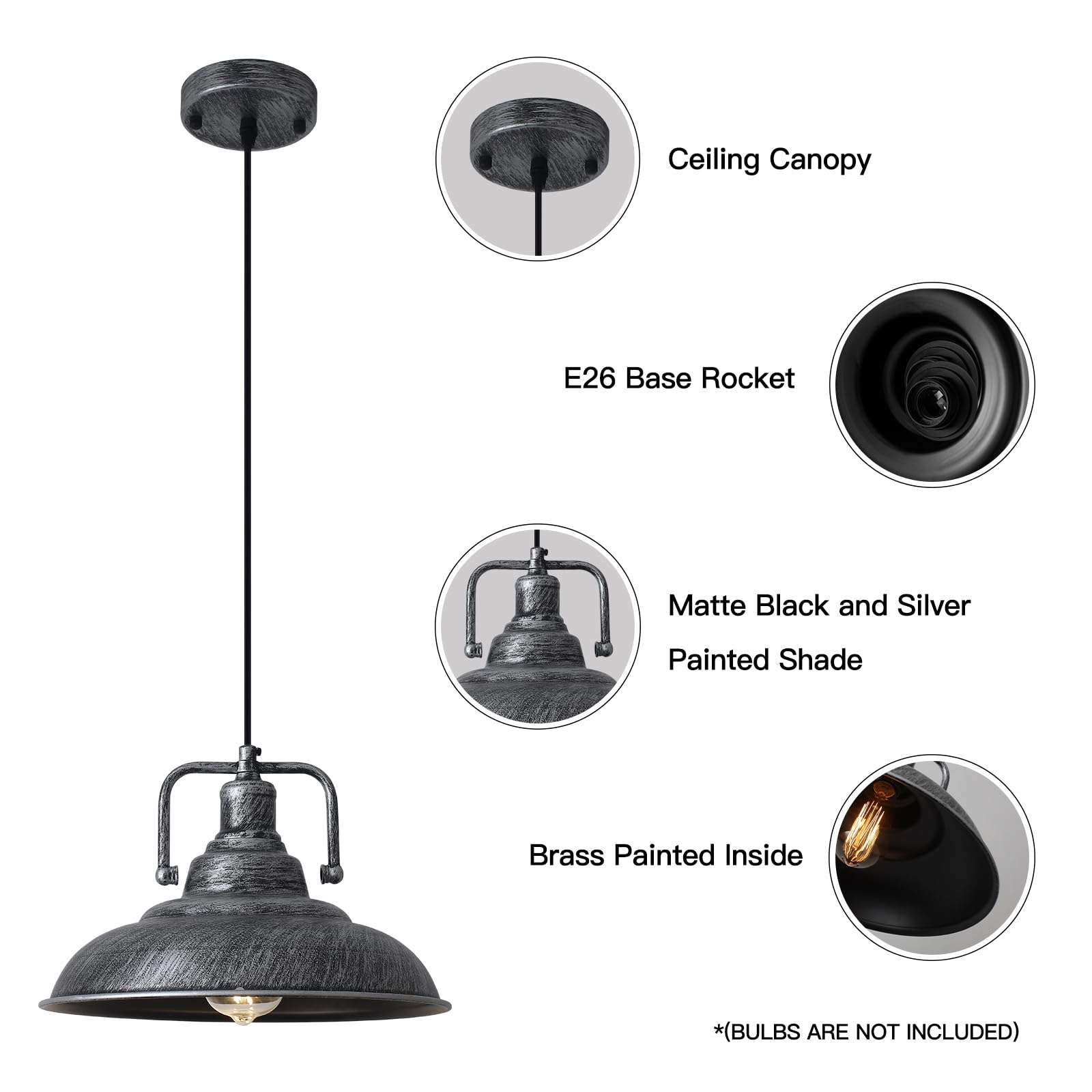 Sesiment Black And Silver Pendant Lights 12.5 Inches 3 Pack, Farmhouse Industrial Kitchen Pendant Lights For Bedroom, Living Roo