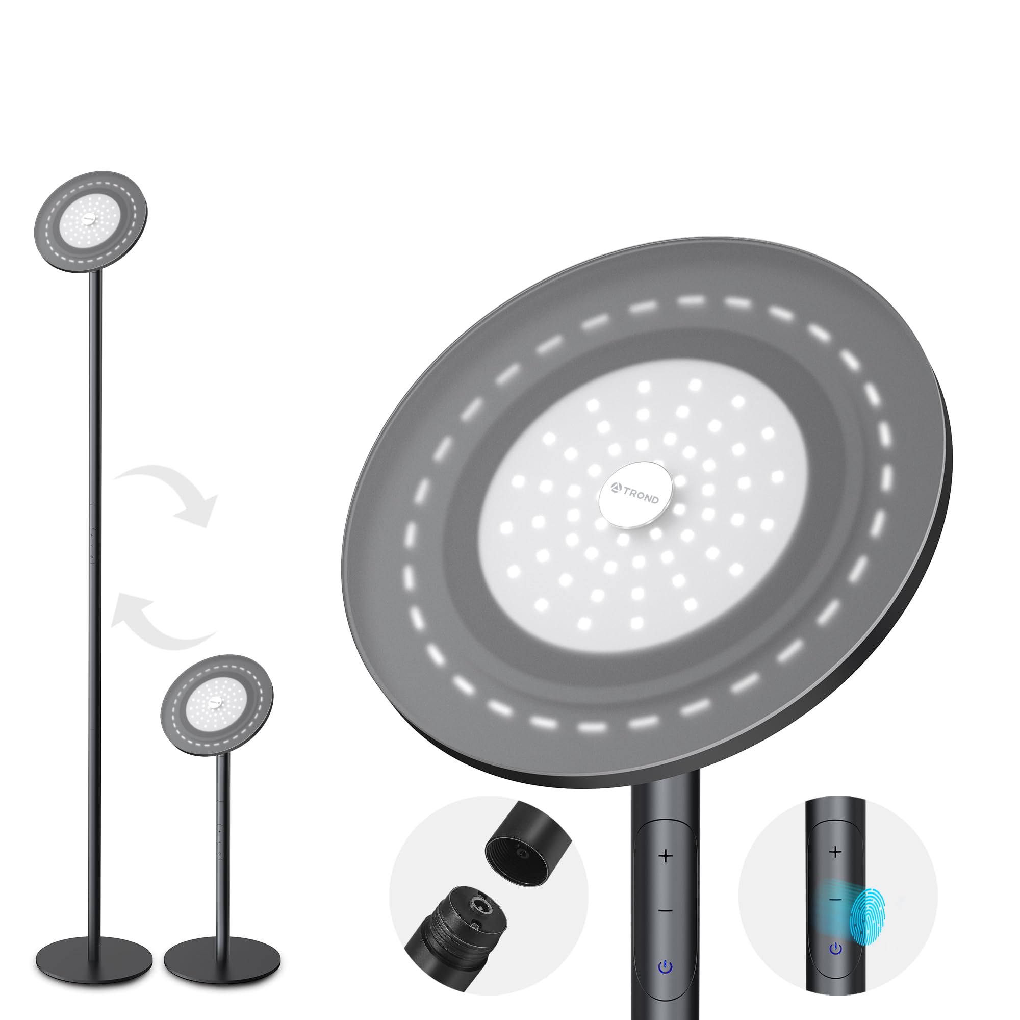 TROND Floor Lamp LED Torchiere, 71in Aluminum, 5500K Daylight, Touch Dimmable, 5000 lm, Black, Model Halo X