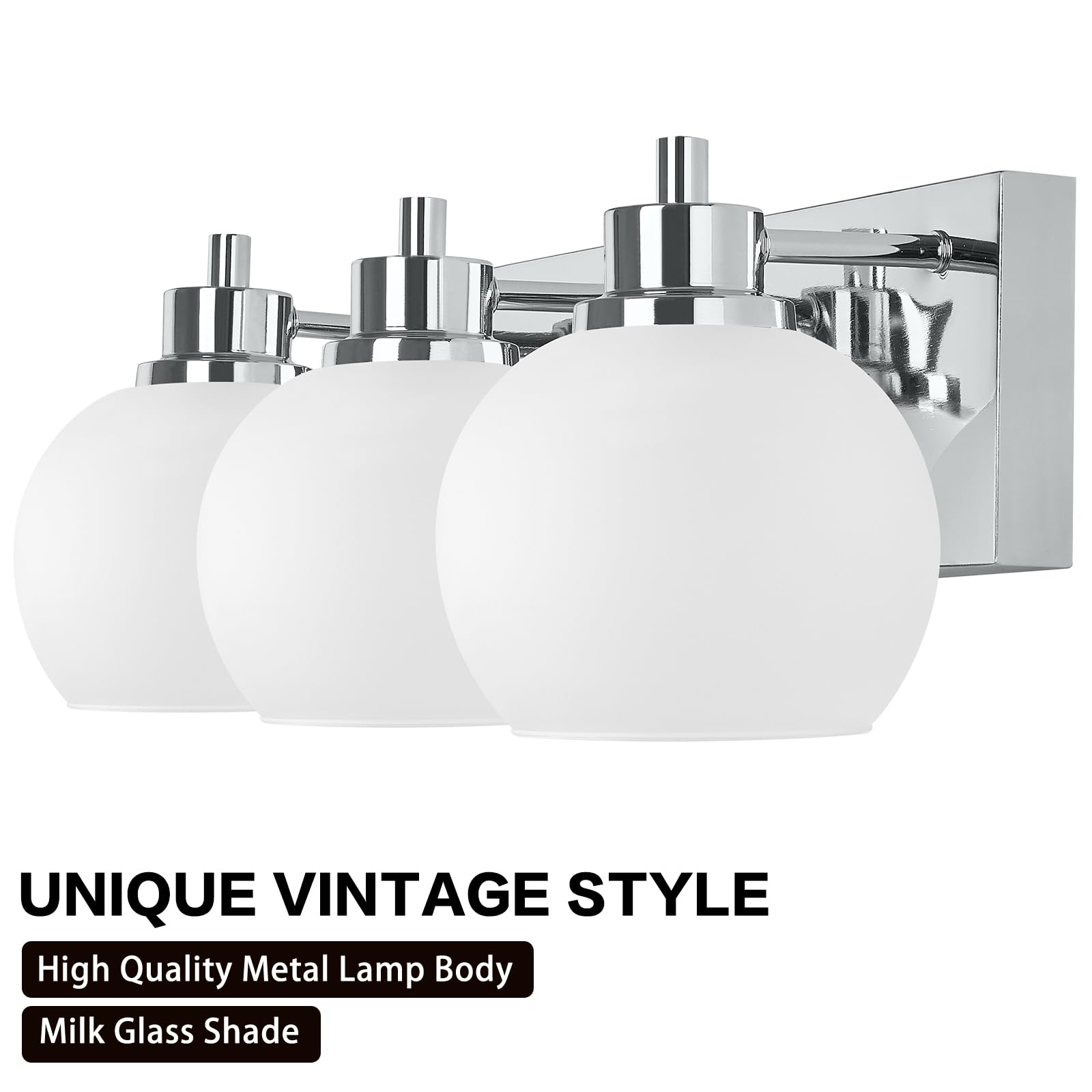Tuscarora Bathroom Light Fixtures, Chrome Vanity Light 3 Light Bathroom Vanity Light With Milk Glass Shade,Bathroom Light Over Mirror,Bathroom Lighting Fixtures For Mirror