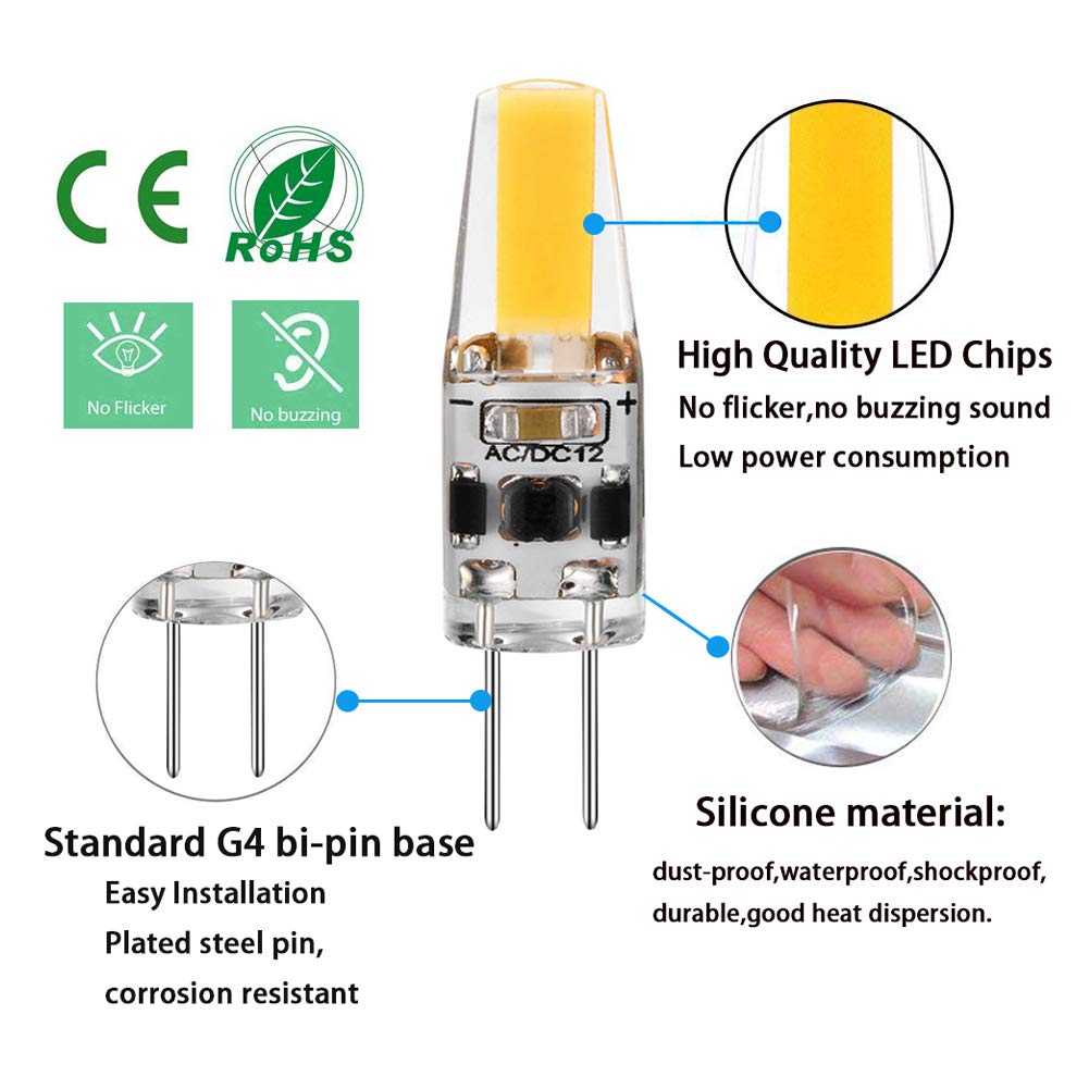 G4 Led Bulb 2W Equivalent To 20W T3 Jc Type Bi-Pin G4 Base Halogen Bulb, Ac/Dc 12V Daylight White 6000K G4 Bulb For Under Cabine
