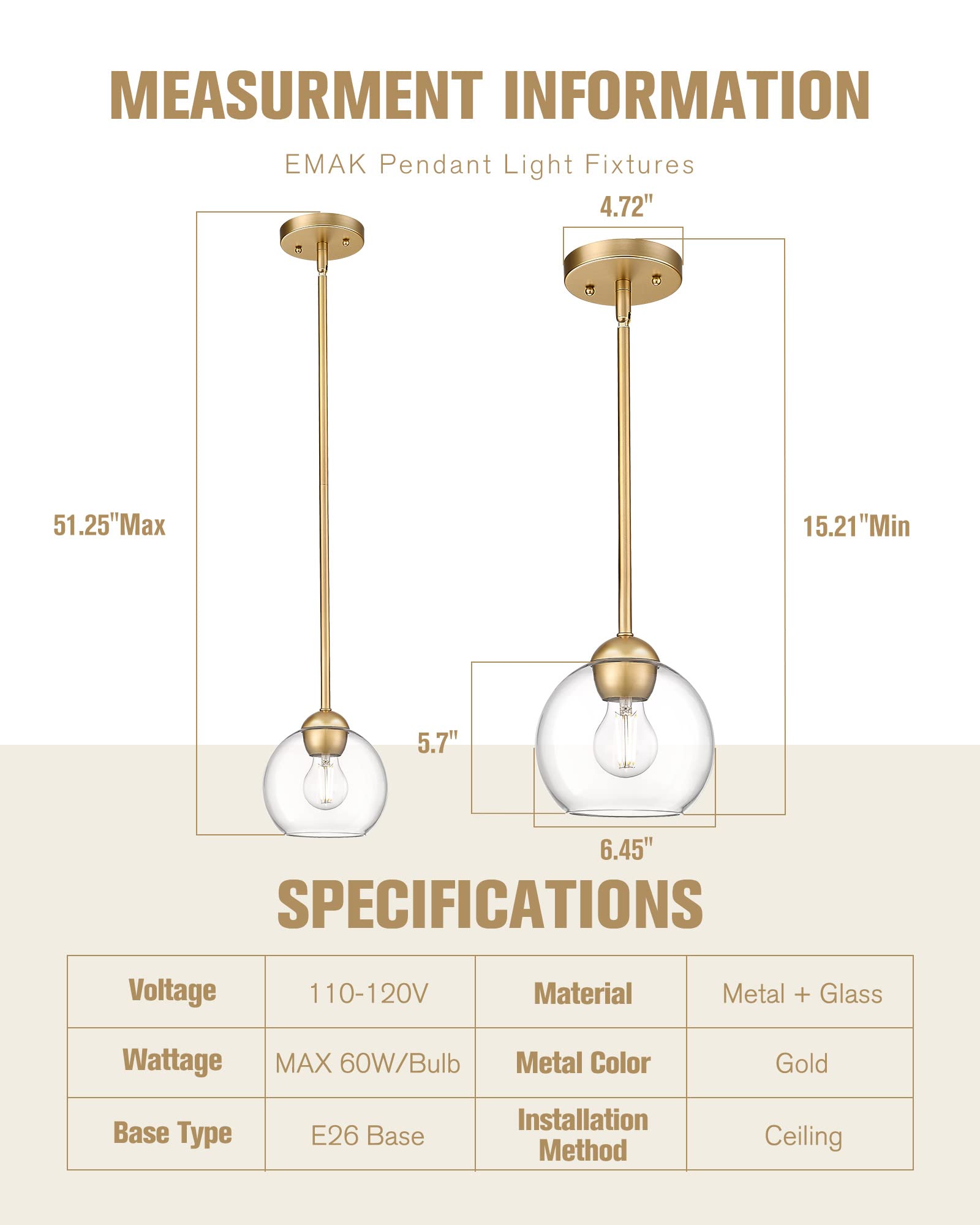 Emak Modern 7 Inch Globe Pendant Lights, Industrial Gold Pendant Light Fixtures, 1-Light Hanging Lights With Clear Glass Shade For Kitchen Island, Bedroom, Bathroom, Dining Room, Hallway, Pl119-Gd