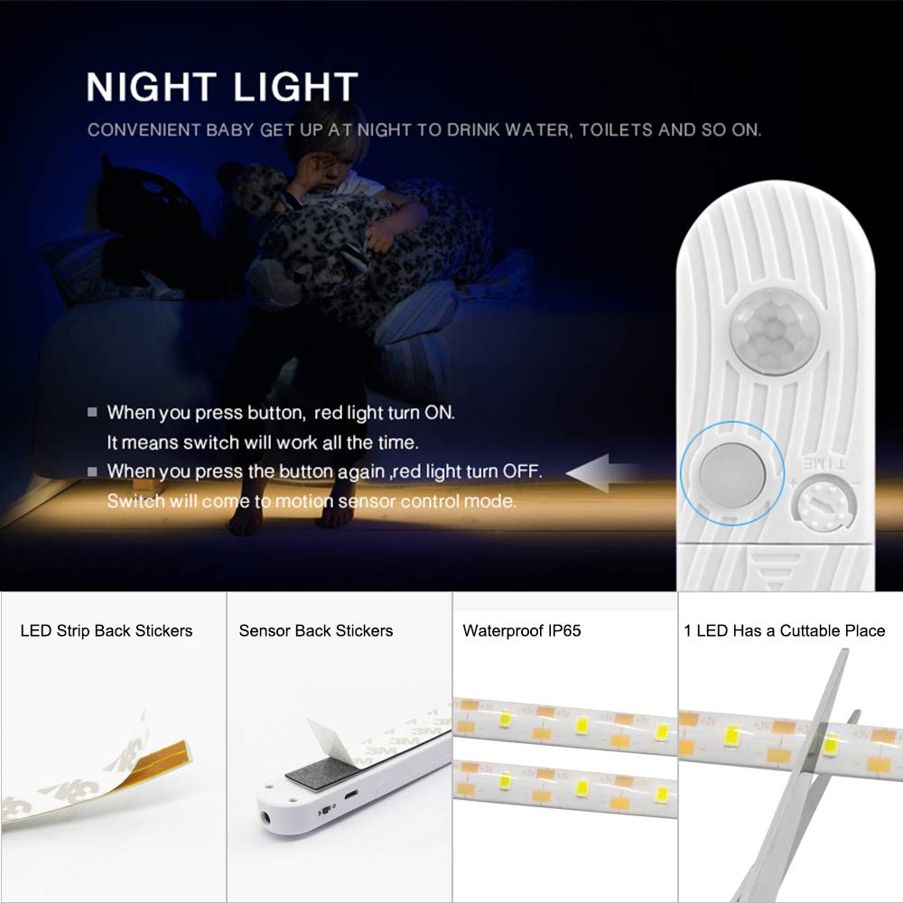 CFGROW LED Under Cabinet Lighting Motion Sensor, 10Ft Four Modes Bed Stairs Wardrobe Lamp Tape, Waterproof 5V USB LED Closet Nig