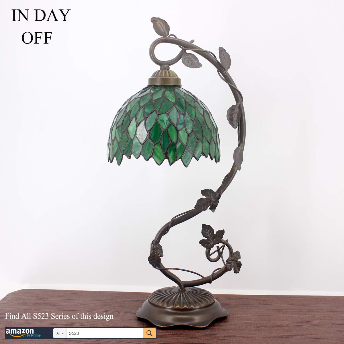 WERFACTORY Tiffany Style Lamp, Stained Glass, Metal Leaf Base, 8X10X21 Inches, Green Wisteria S523 Series