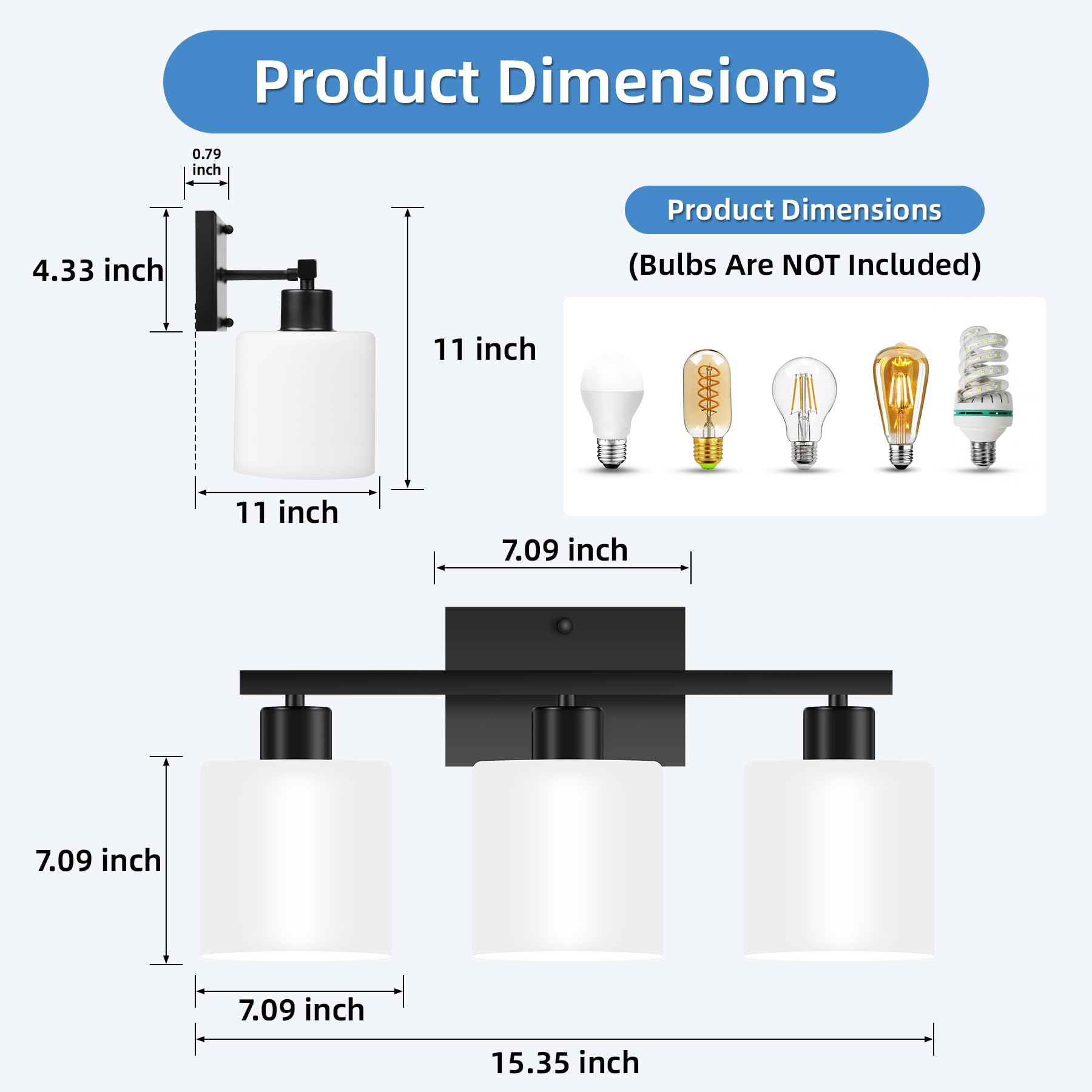 SILAMPDI 3-Light Bathroom Light Fixture, Metal Wall Sconces, Black Finish, Milky White Glass Shades, Model SLD-JQD-B-01