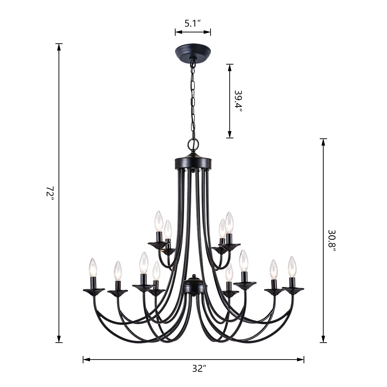 Maxax 12-Light Farmhouse Candle Chandelier, Rustic Black Wrought Iron Pendant Light For Living Room