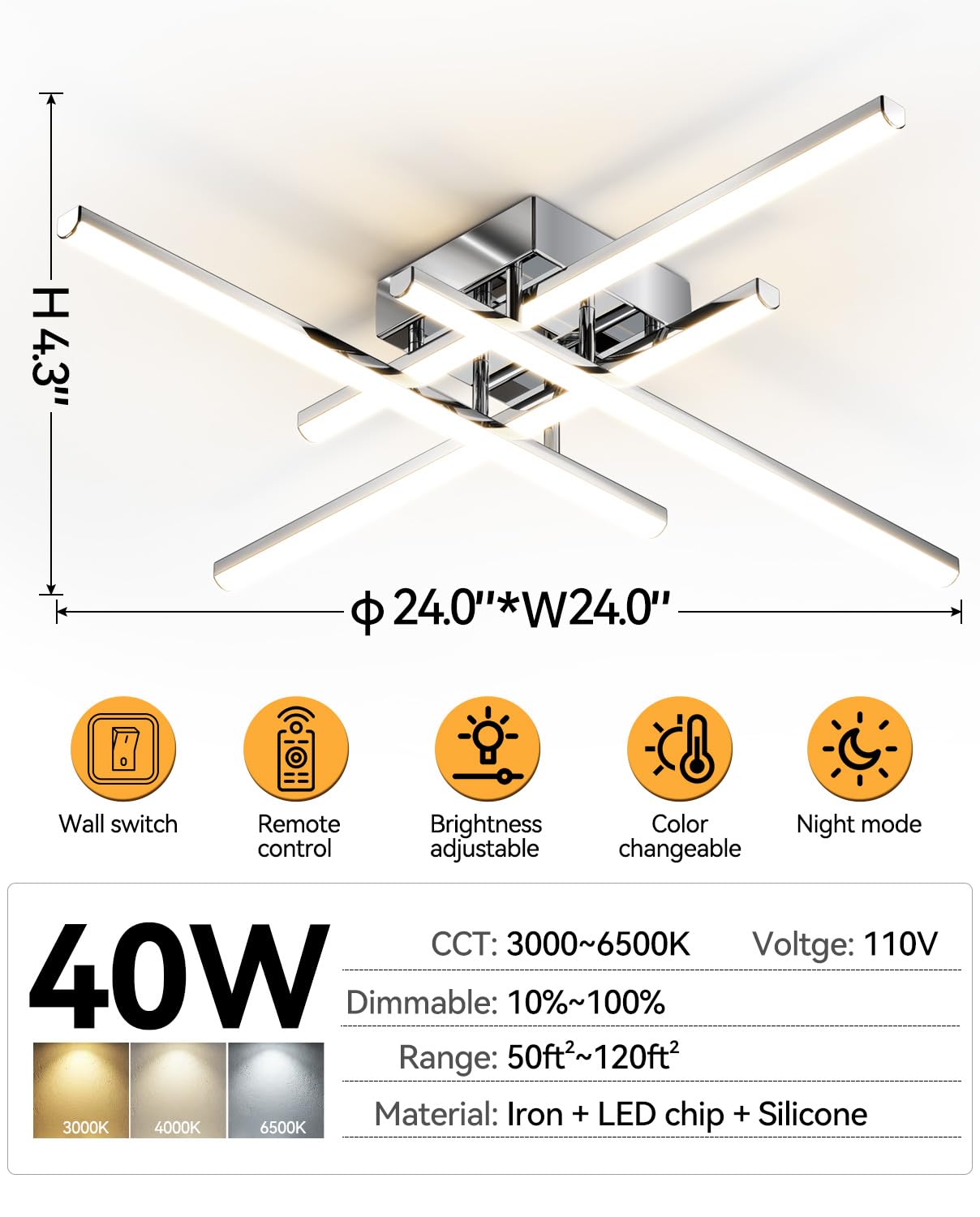 JFHTNFJ 24in Modern LED Ceiling Light, 40W Dimmable with Remote Control Semi Flush Mount Ceiling Light Fixture, Chrome LED Ceili