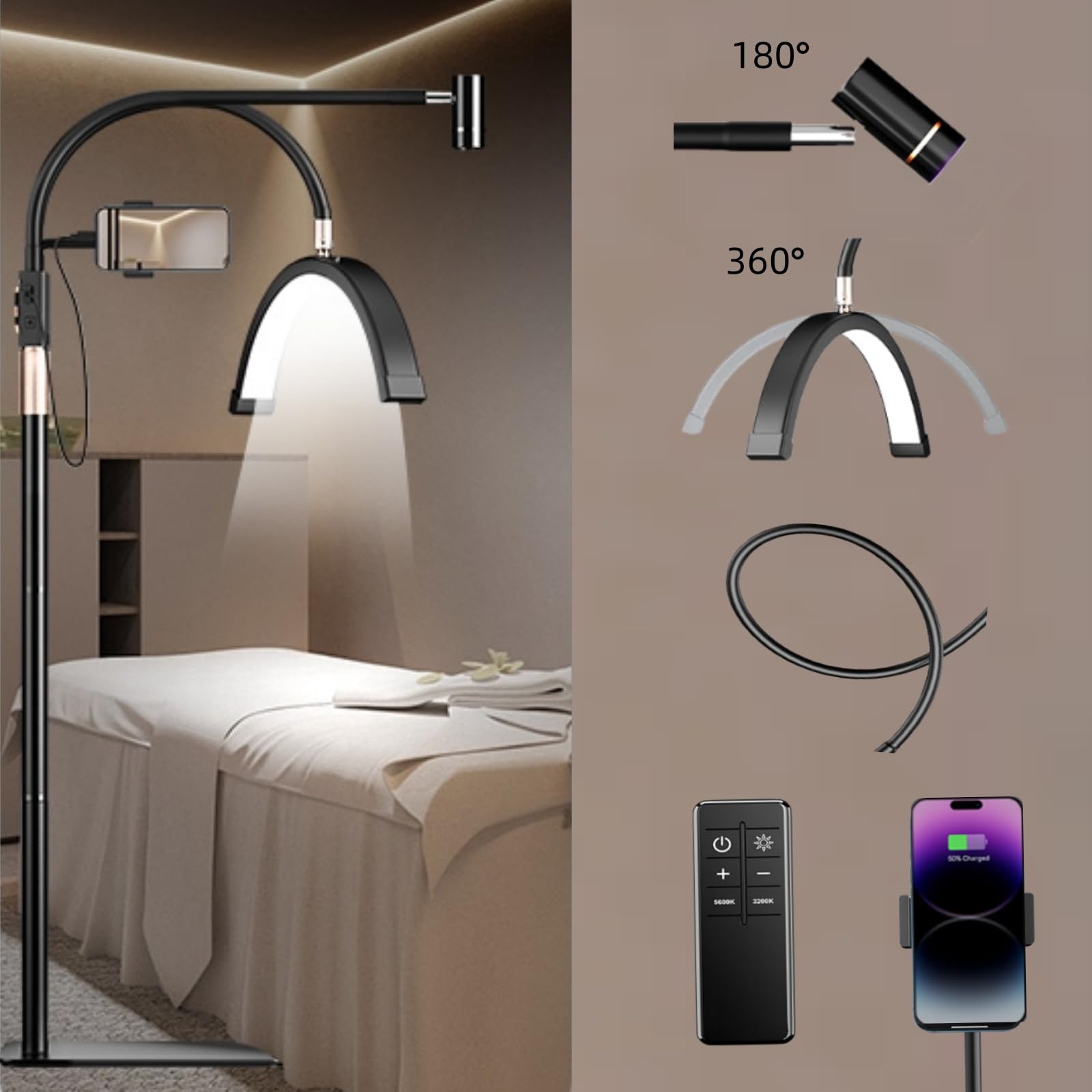 BeeMingle 3-in-1 Half Moon Lash Light, Adjustable Height & Brightness, UV Lamp & Phone Holder, Black, Model CS-X209