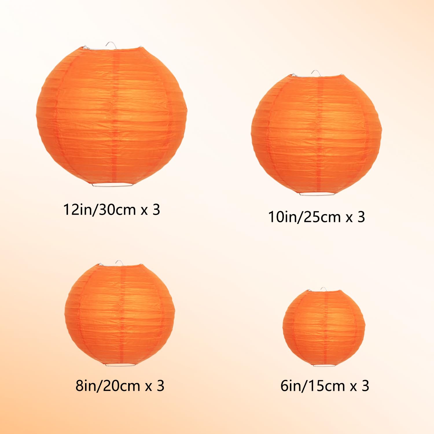 Orange Paper Lanterns 12 Pcs Assorted Size Of 6'' 8'' 10'' 12'' Chinese Round Paper Hanging Decorations Lanterns Lamps For Home