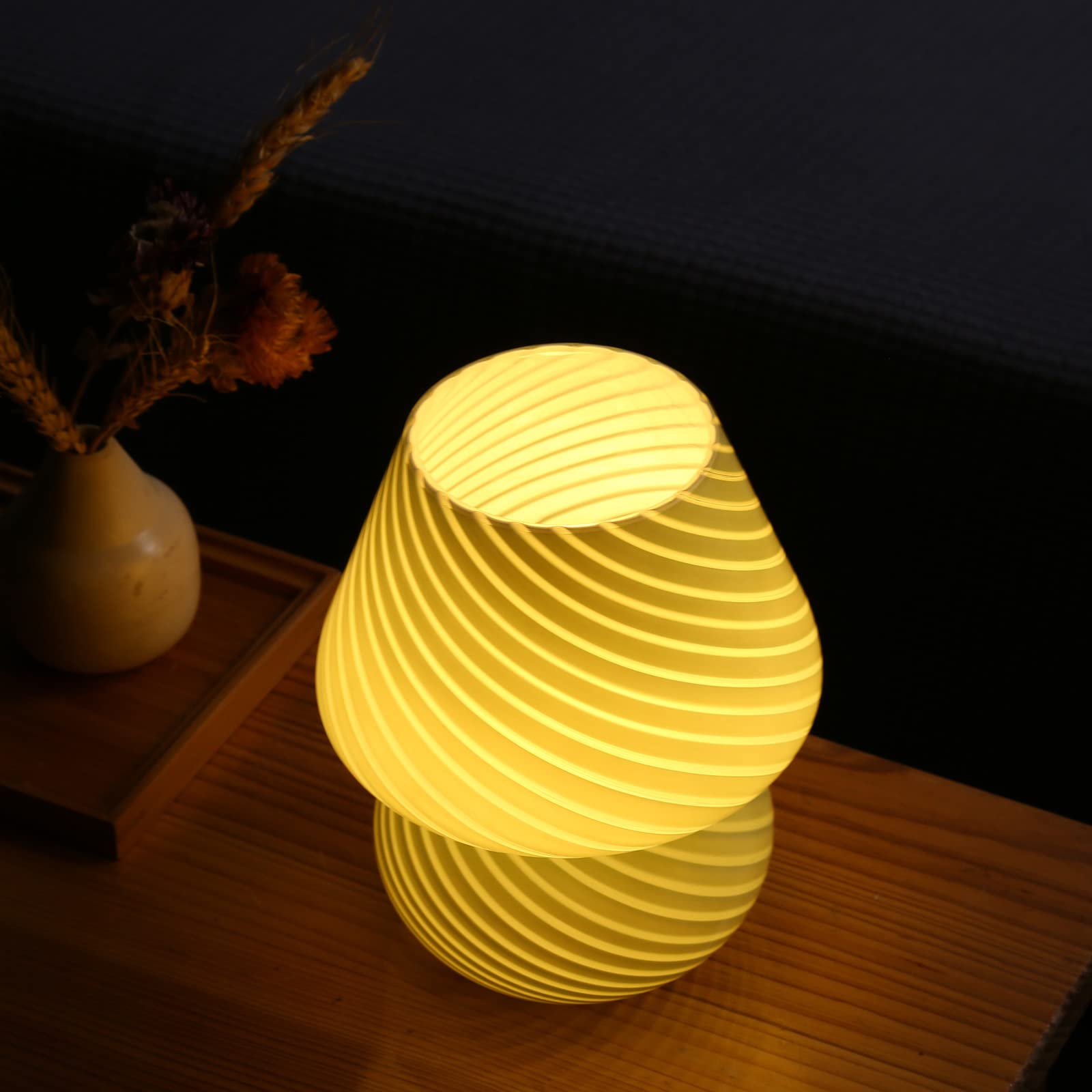 Mushroom Lamp,Glass Arctic Blue Mushroom Bedside Table Lamps Vintage Translucent Murano Style Striped Small Nightstand Desklamp