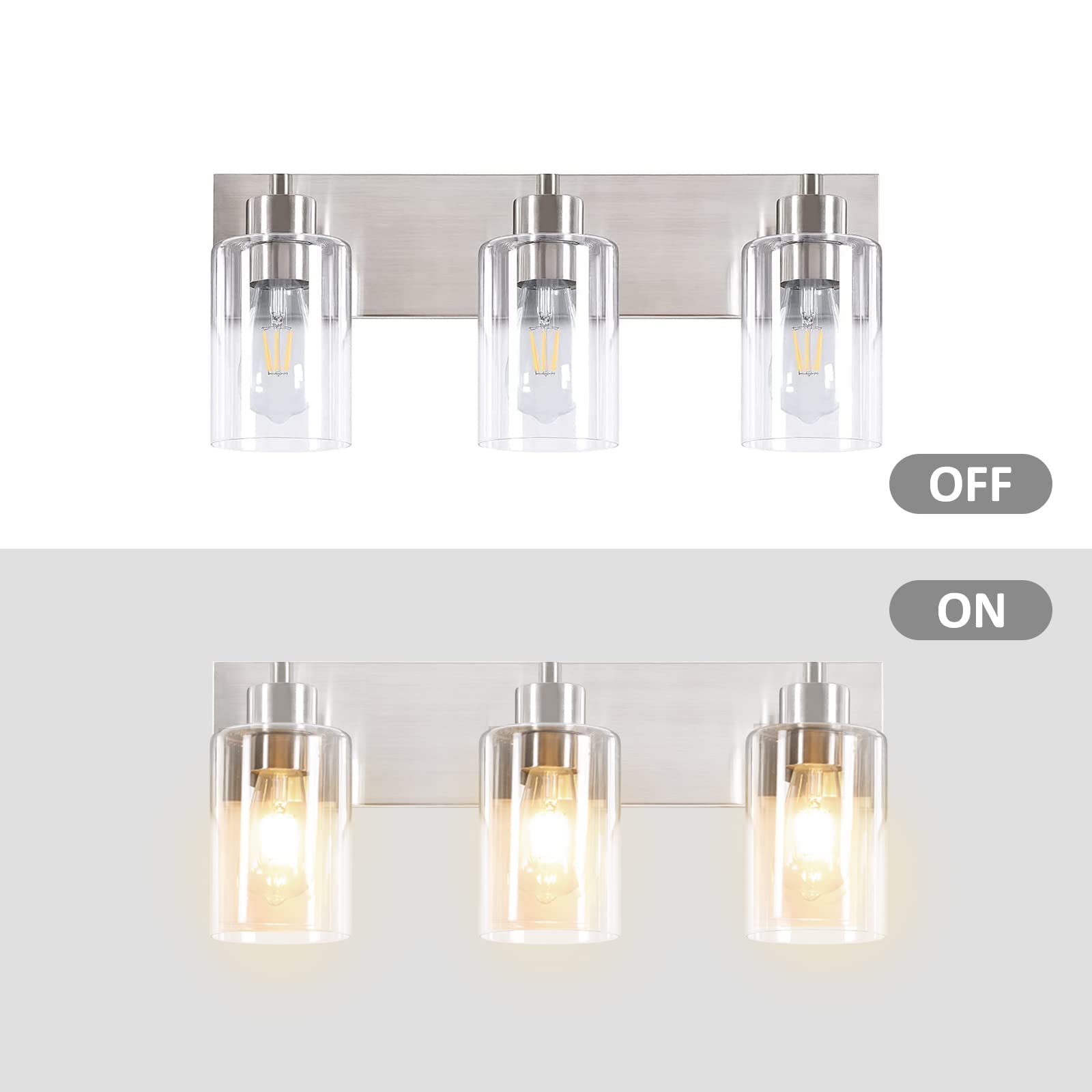 Chosenior 3-Light Bathroom Vanity Light Fixture, Brushed Nickel Metal, KW-7301-3, Modern Glass Shade Over Mirror Lighting