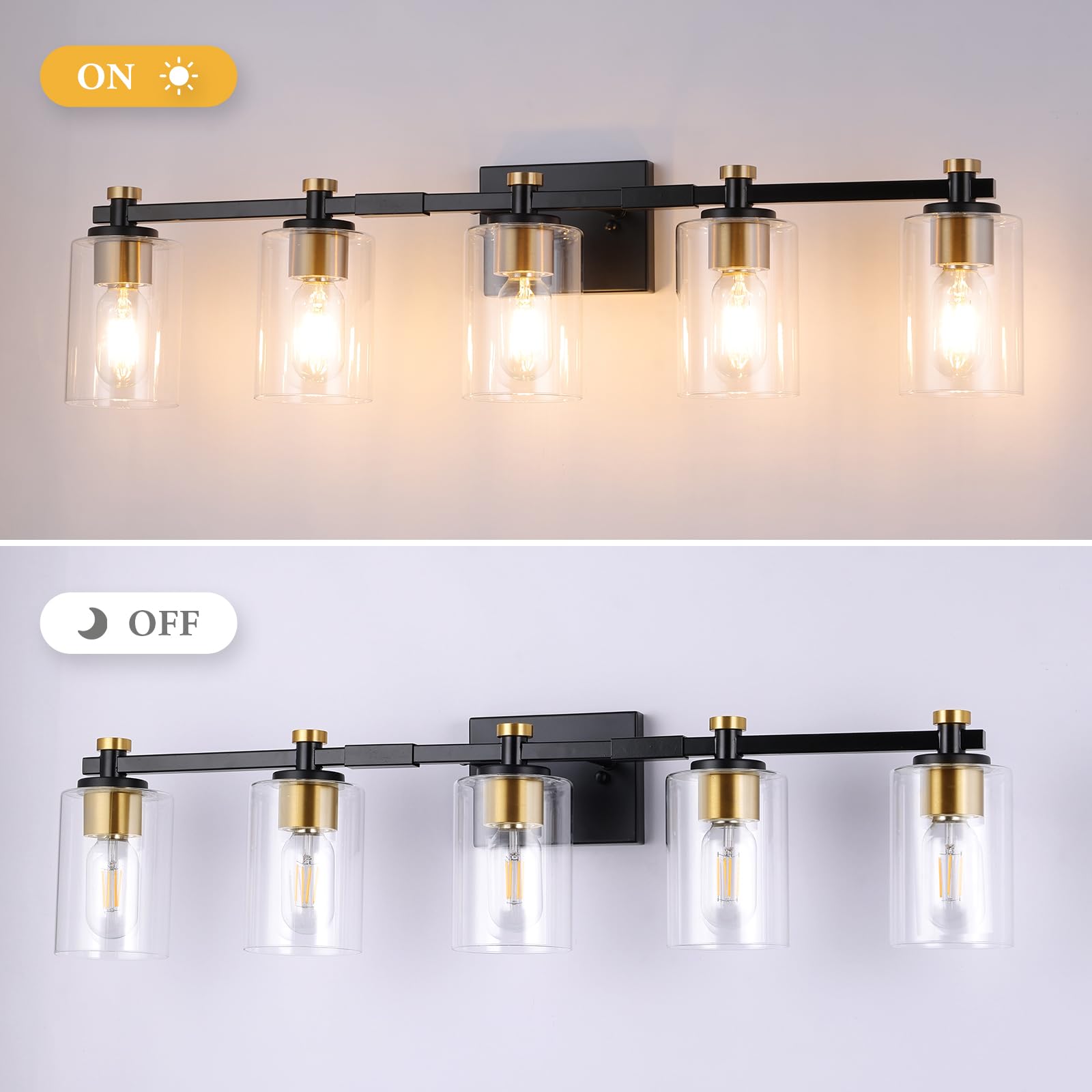 Jdvads 5 Light Bathroom Vanity Light Fixture, Black and Gold, Clear Glass Shade, Model VL001-5-BG