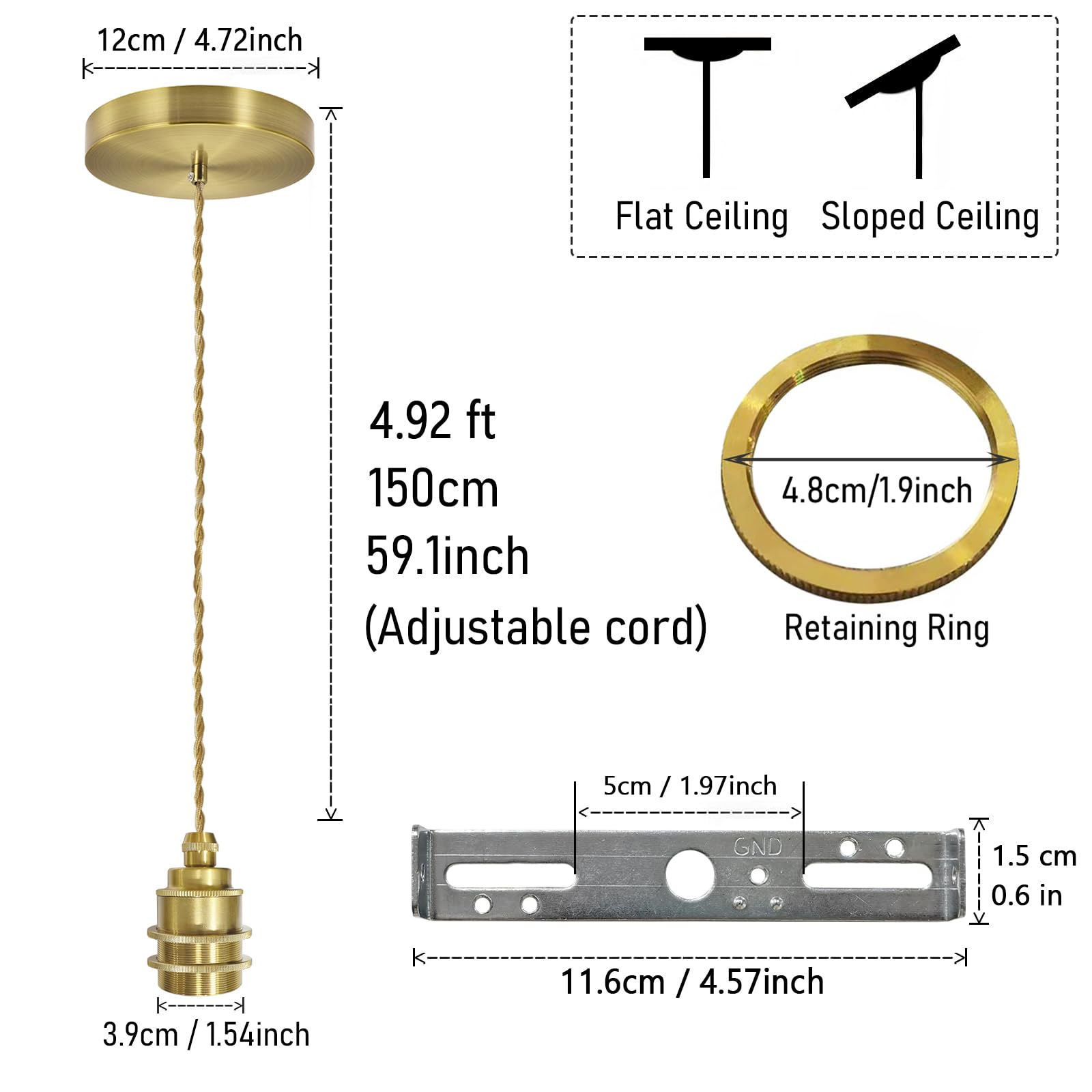 DTIEDY Gold 1-Light Pendant Light Kit, Adjustable 4.92ft, Metal Hanging Fixture for Kitchen Island, Dining Room - Model Gold-02-US