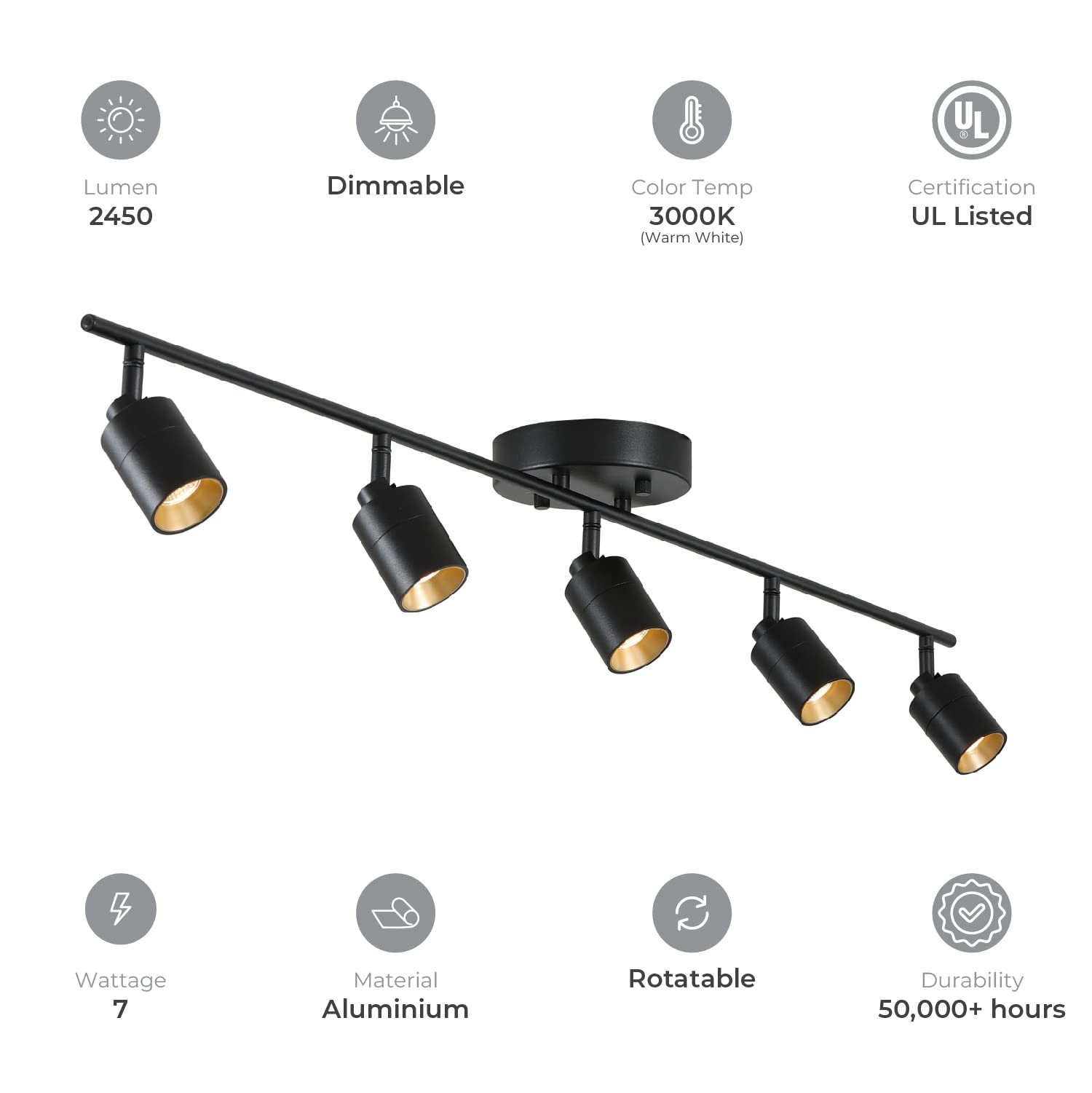 Shura Black 5-Light Track Light With Adjustable Heads, Integrated Led Bulbs, 4 Ft. Track Lighting Kit Ceiling Light, 3000K, 2450
