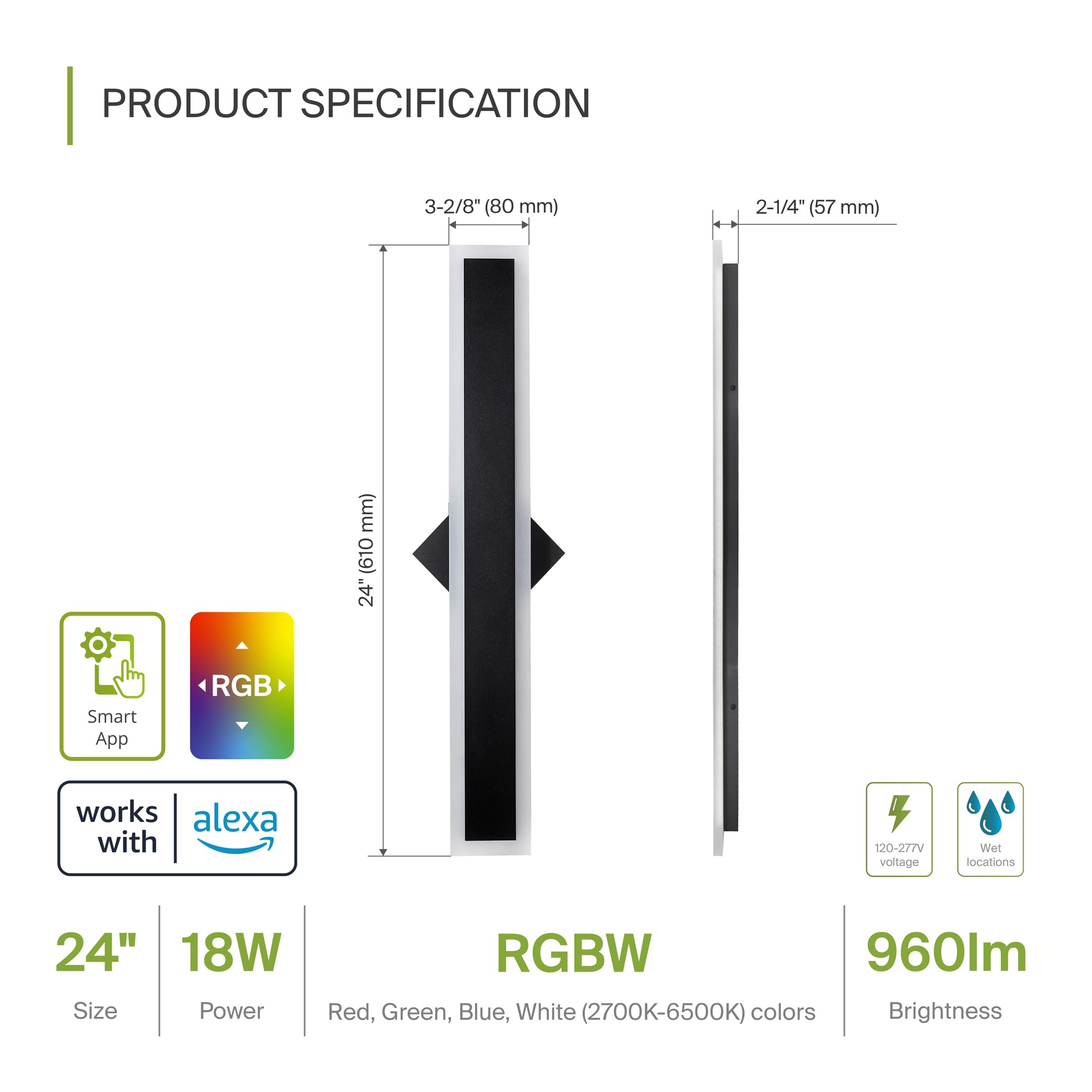 ASD LED Wall Mount Light Fixture | RGBW, Waterproof, Anti-Rust | 24 Inch, Black | Model A-LWS27N-24DSMRGB-2p, 2 Pack