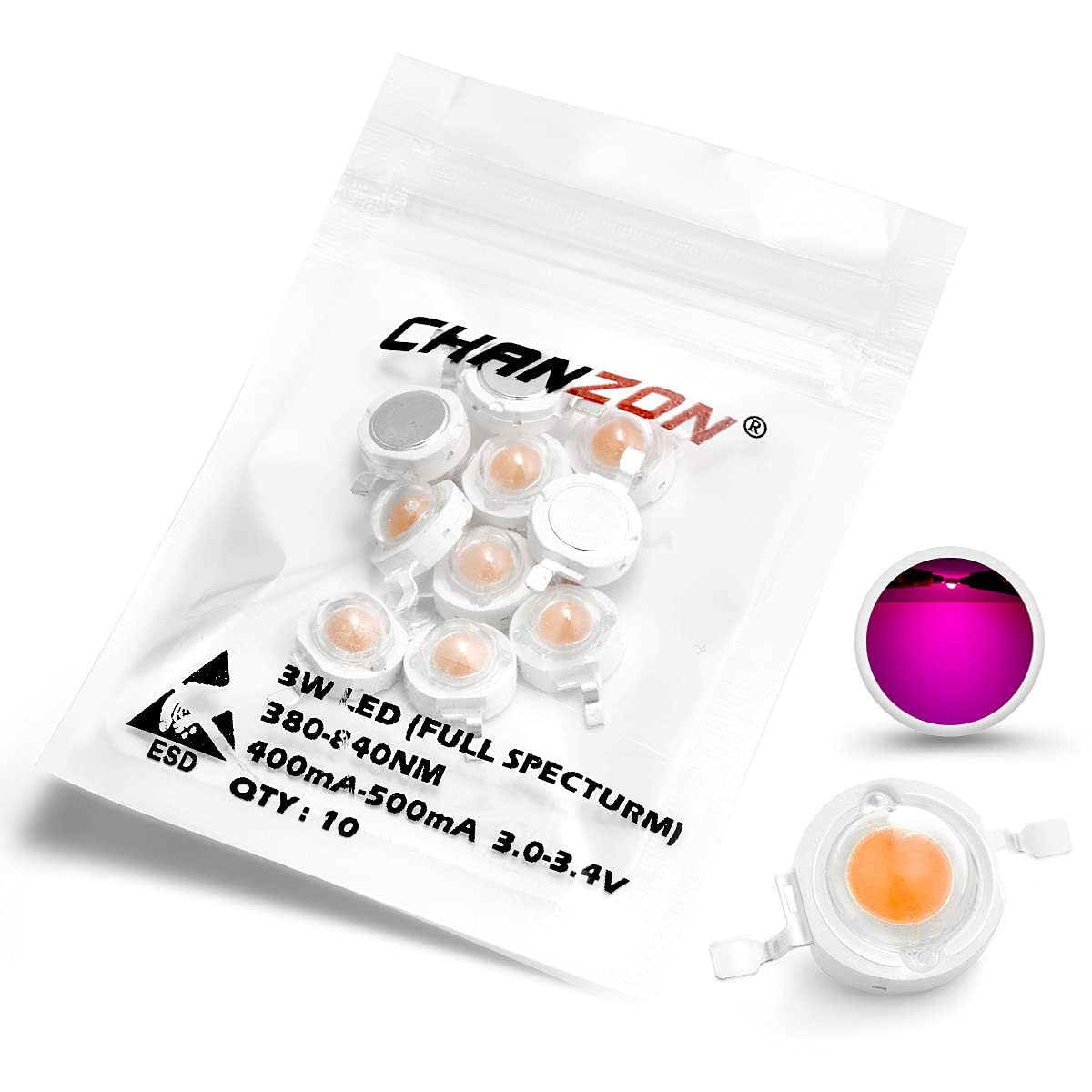 Chanzon 10 Pcs High Power Led Chip 3W Full Spectrum Plant Grow Light (380Nm - 840Nm / 400Ma - 500Ma / Dc 3V - 3.2V / 3 Watt) 3W