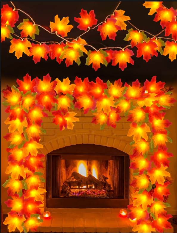 Eoako 20Ft Led Fall Maple Leaves String Lights - Warm White Outdoor Decor For Halloween & Thanksgiving