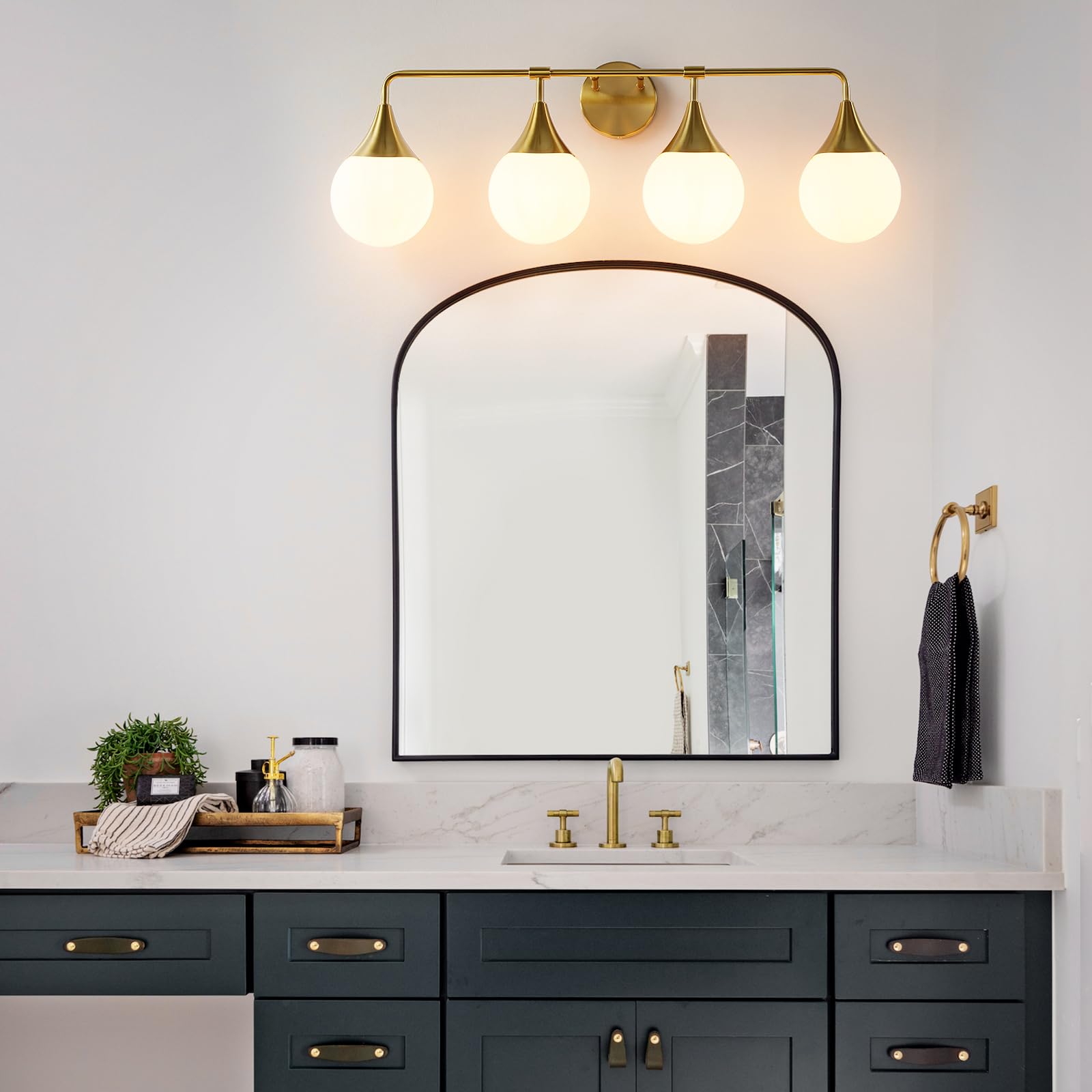 HAHZT 4-Light Bathroom Vanity Light Fixture - Mid Century Modern Brass Gold Sconce with Milky Glass Ball Shades - Model 8089ML