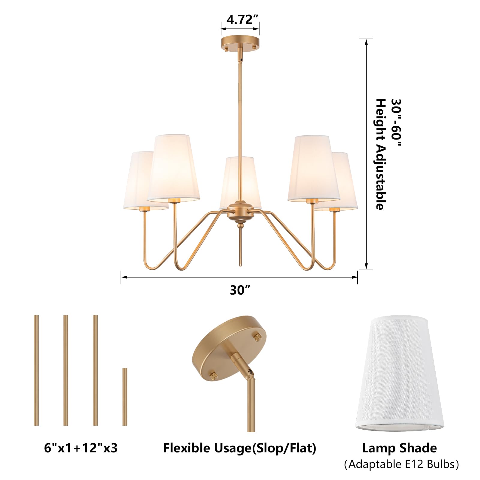 Fiyueoyi Brass Gold Chandeliers For Dining Room, 5-Light Modern Pendant Light Fixture Over Table With White Shade Farmhouse Lighting Fixtures For Living Room Bedroom Hallway Height Adjustable