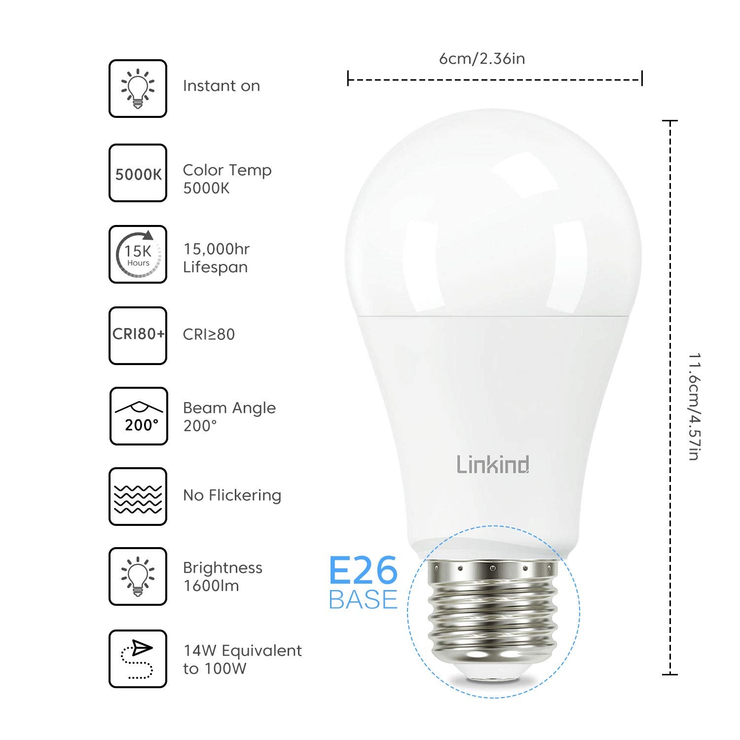 Linkind A19 Led Light Bulb, 100W Equivalent Light Bulbs, 14W 5000K Daylight, 1600 Lumens Non-Dimmable Led Bulb, E26 Standard Bas